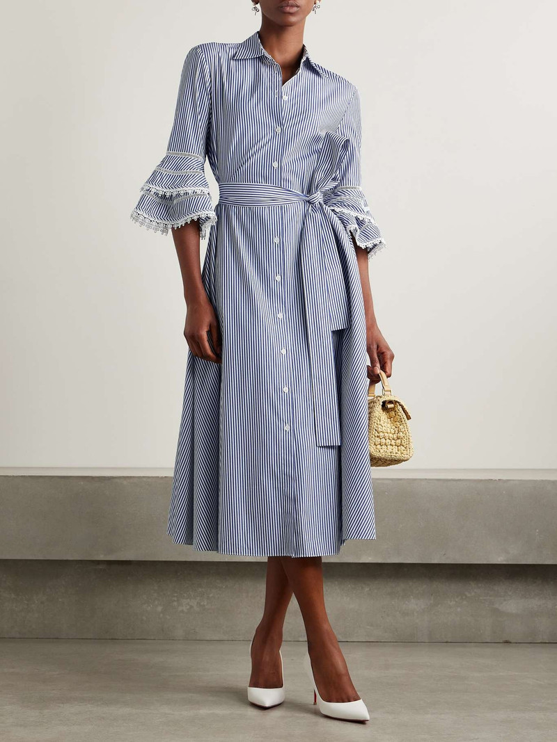 CAROLINA HERRERA Belted guipure lace-trimmed striped cotton-poplin midi shirt dress Blue outlook