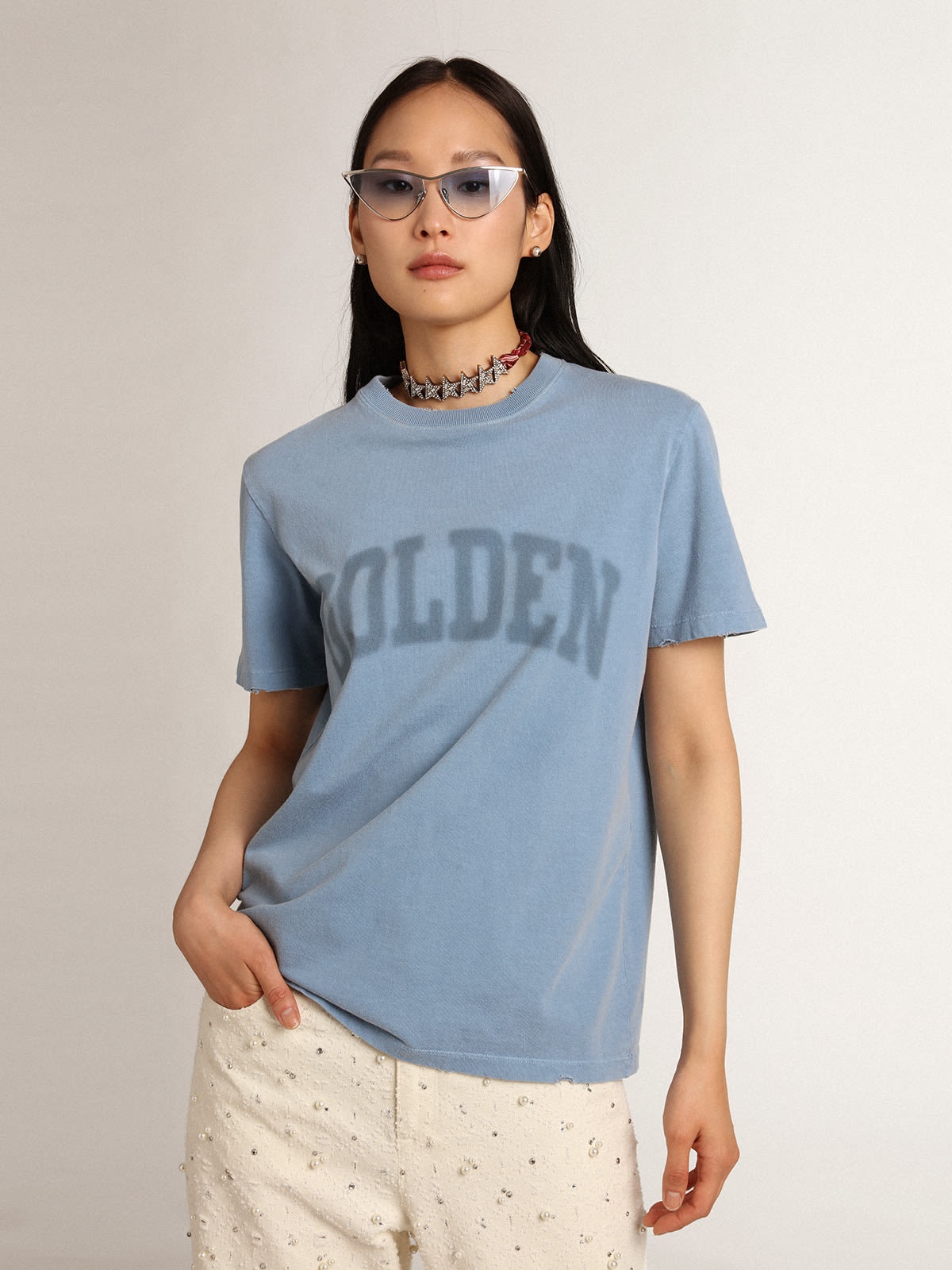 Women's harbor blue T-shirt with tone-on-tone Golden lettering - 2