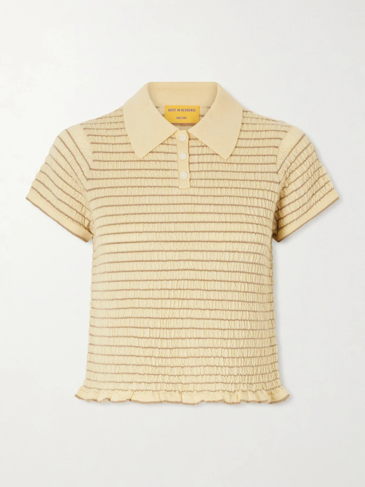 Smocked Ruffled Striped Cashmere-blend Polo Sweater - 1