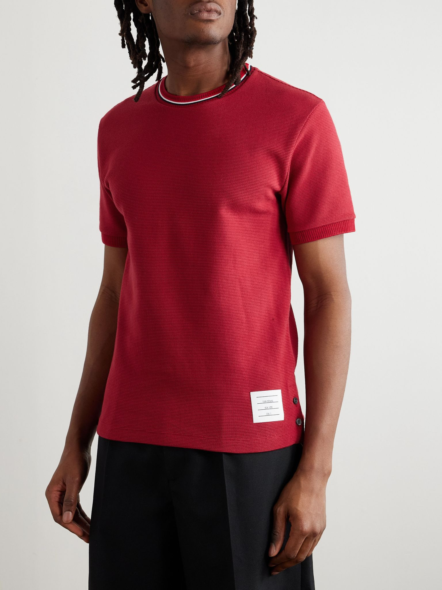 Slim-Fit Logo-Appliquéd Striped Waffle-Knit Cotton T-Shirt Red - 3