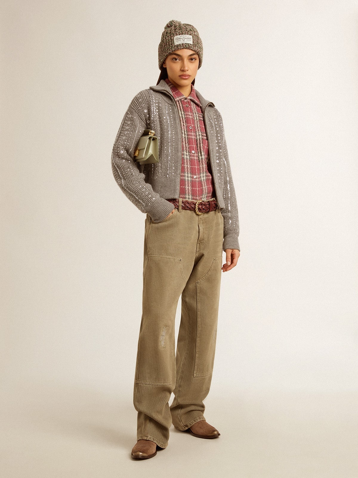 Women's shirt with pink, sand and gray check embroidery - 4