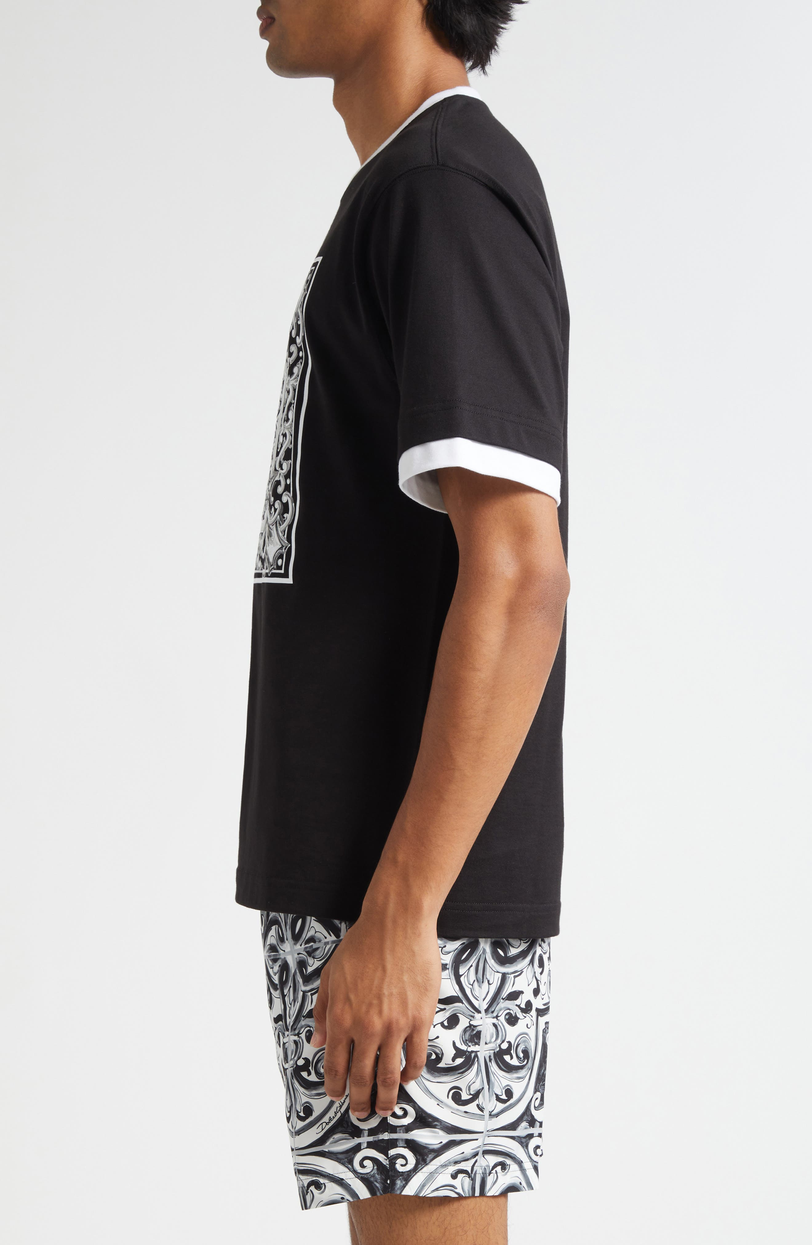 Dolce&Gabbana Majolica Embroidered Ringer T-Shirt in Nero at Nordstrom - 4