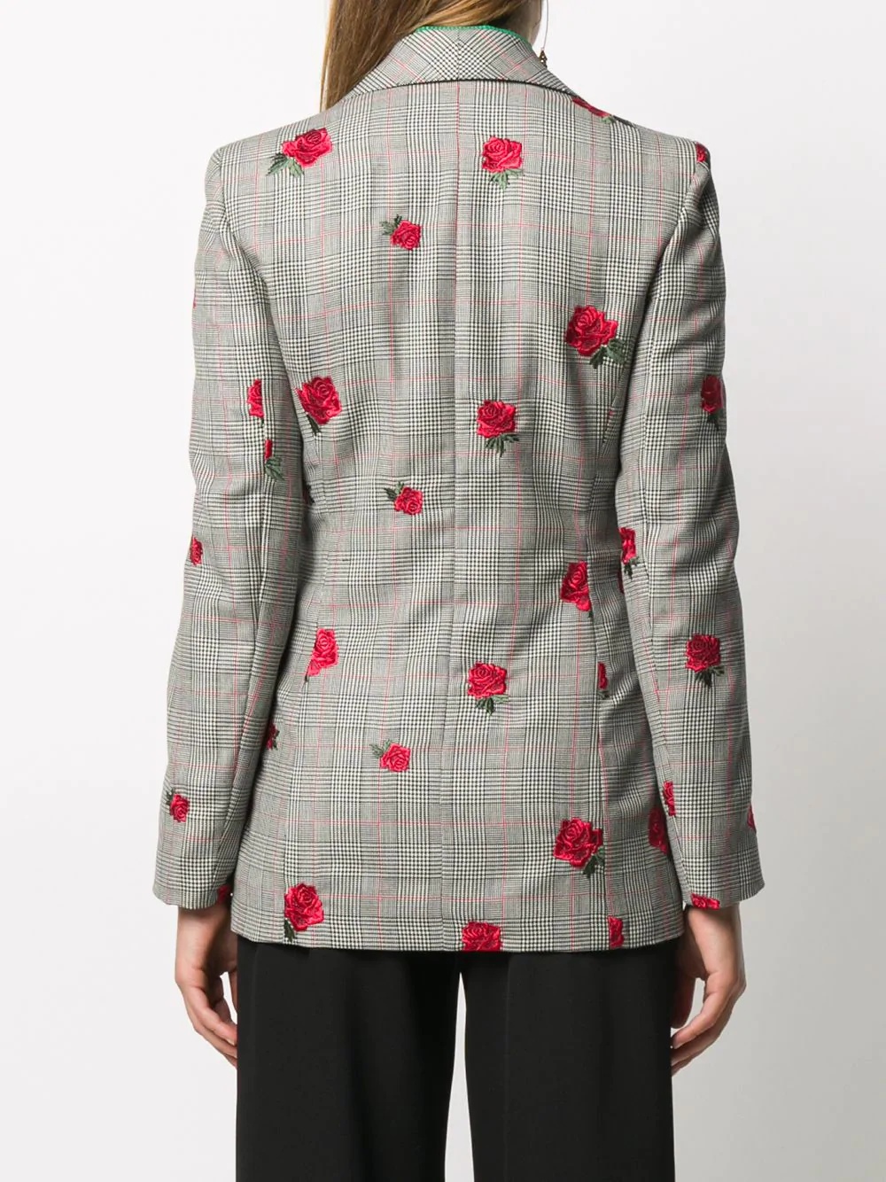 rose-embroidered check blazer - 4