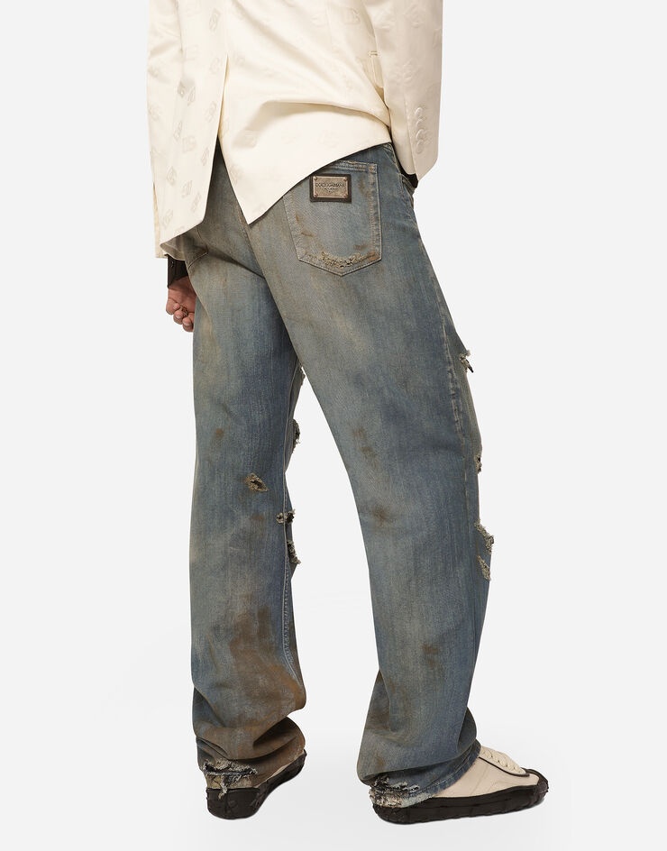 Blue denim straight-leg jeans with rips - 4