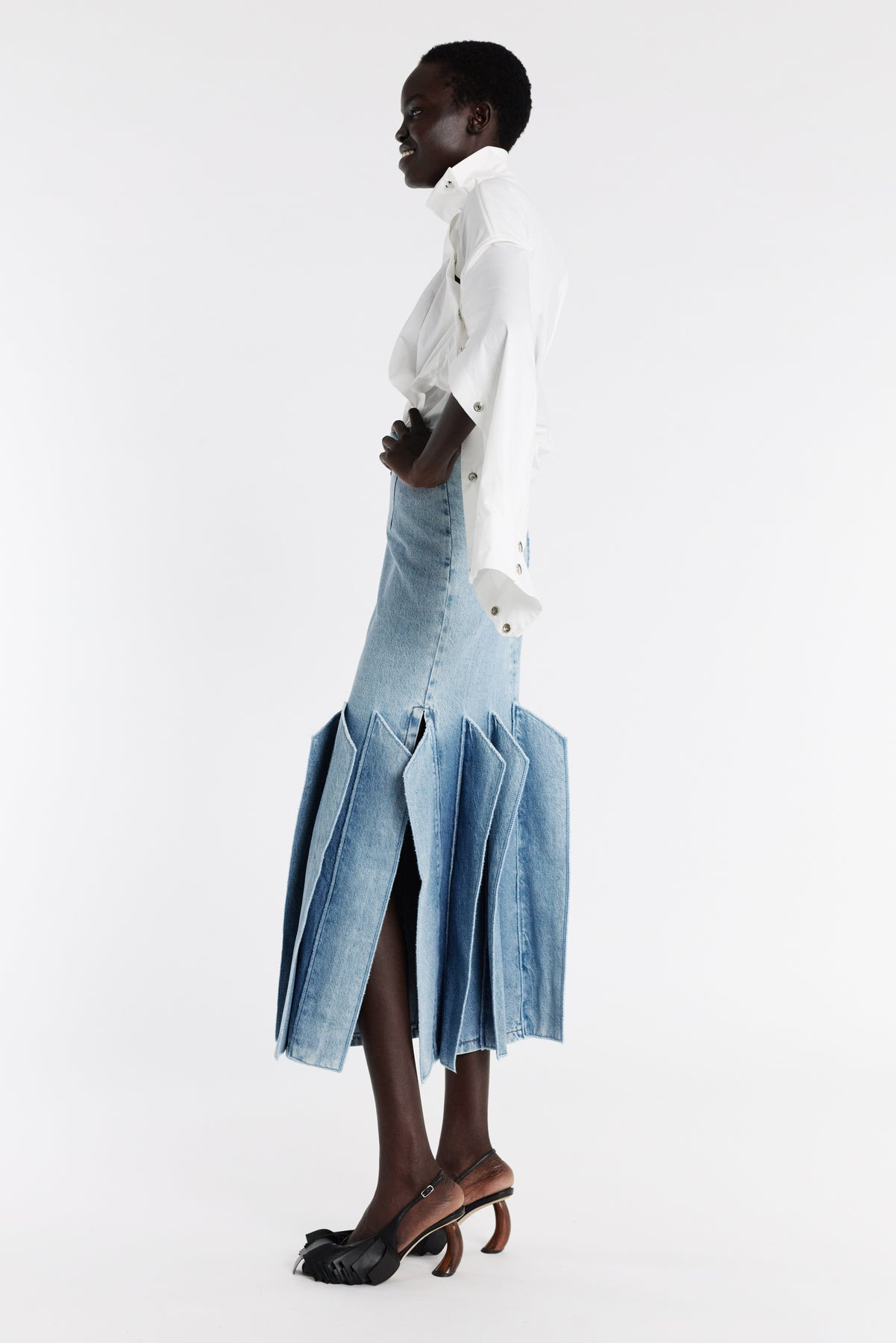 DENIM SKIRT WITH PANEL DETAIL MID BLUE - 3