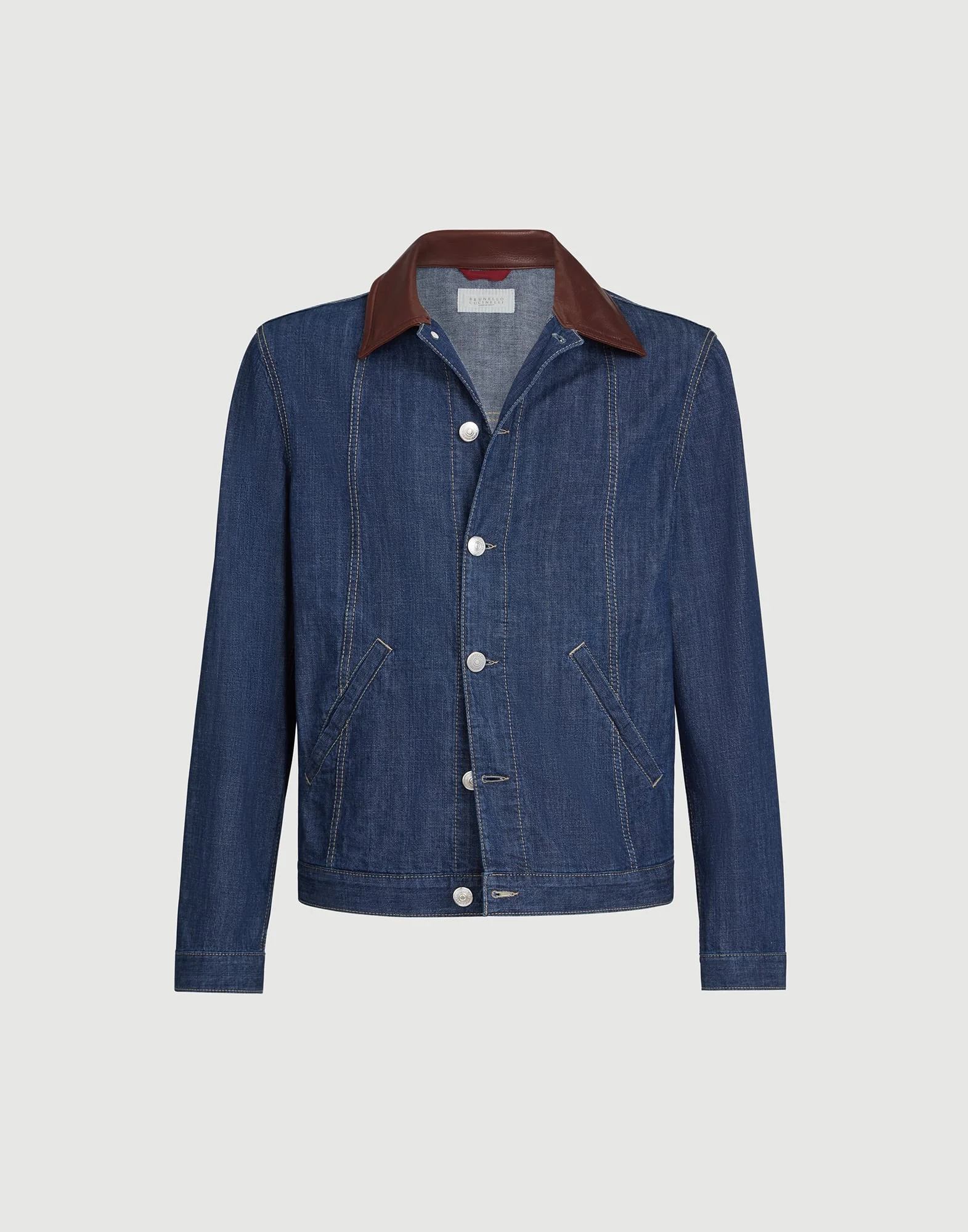 Lightweight denim outerwear jacket with leather collar - 1