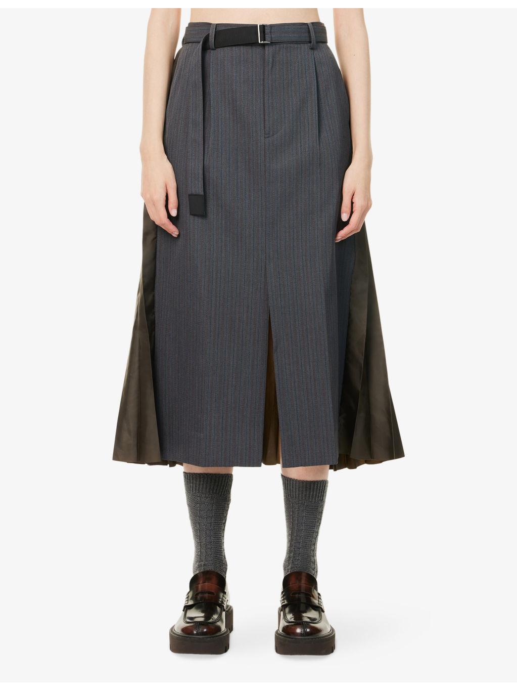 Pleated Striped Woven-Blend Midi Skirt - 3