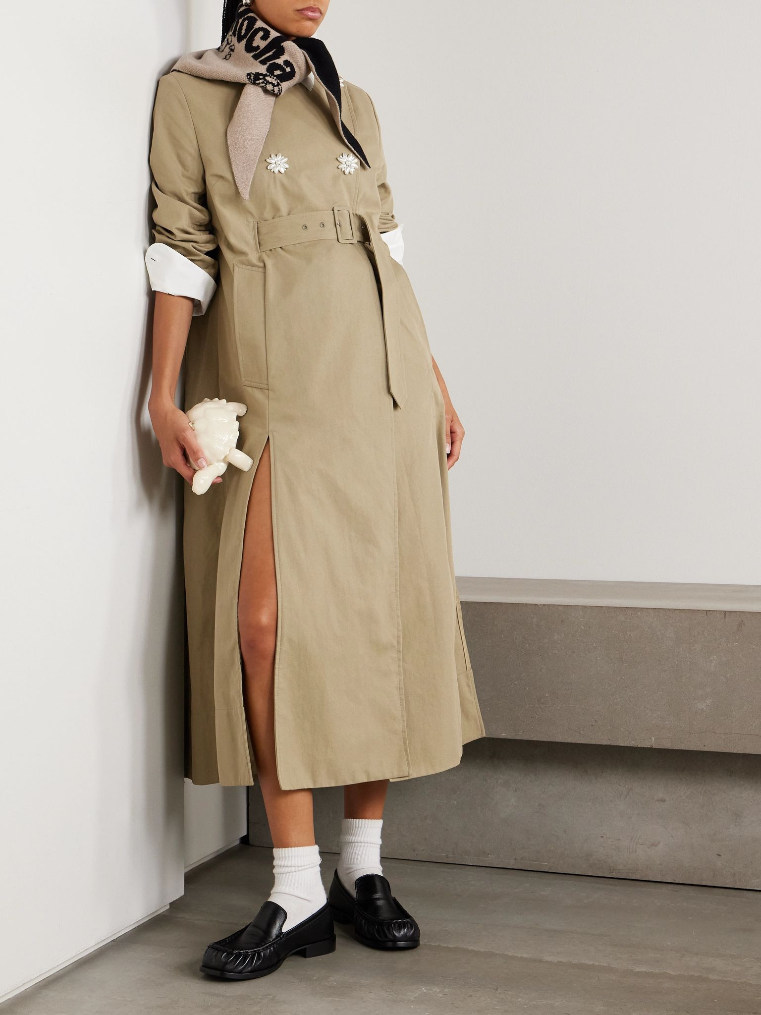 Belted double-breasted embellished cotton-blend canvas trench coat Beige - 2