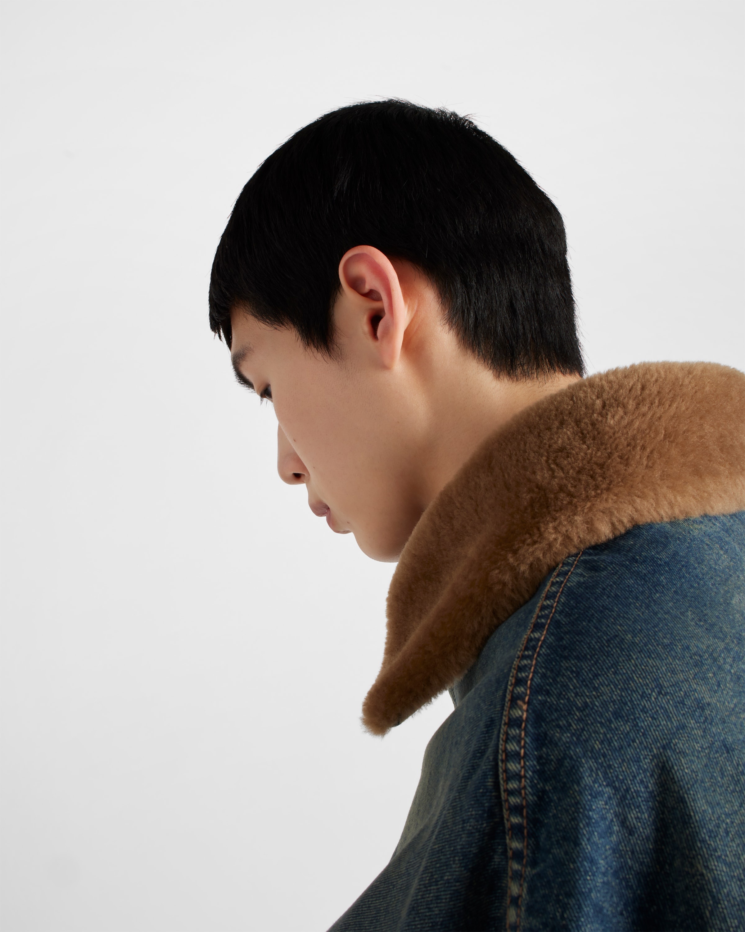 Padded denim blouson jacket with shearling collar - 6