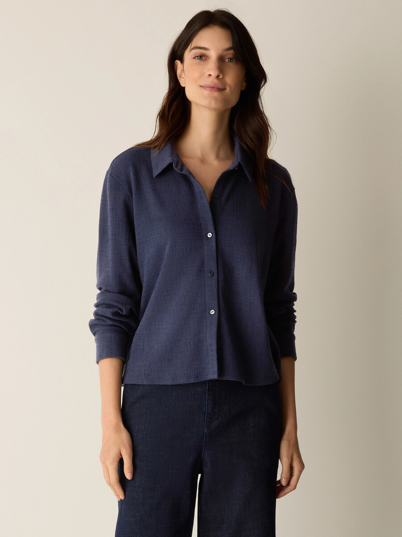 EILEEN FISHER Cross Hatch Stretch Jersey Classic Collar Shirt outlook