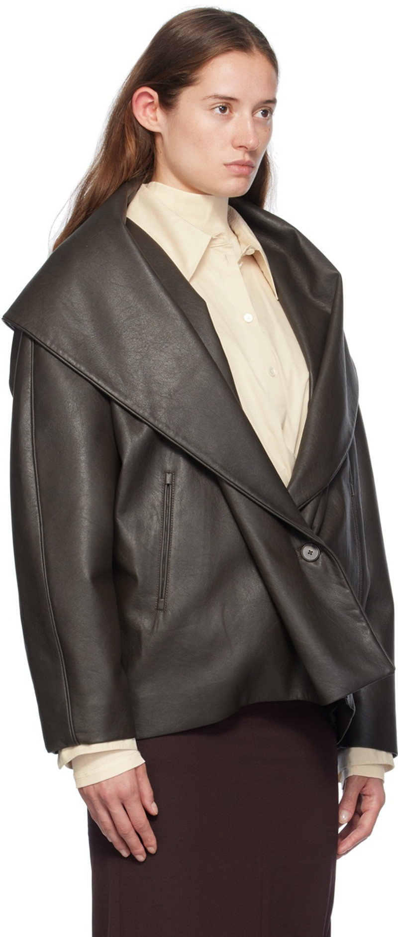 GIA STUDIOS Brown Shawl Collar Faux-Leather Jacket outlook
