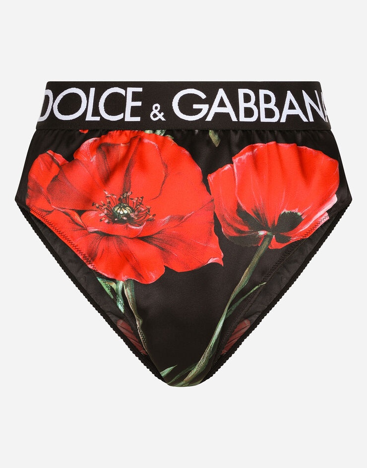 High-waisted satin briefs with poppy print - 1