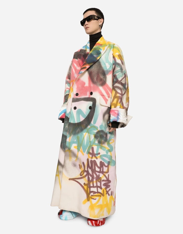 Double-breasted coat with spray-paint graffiti print - 5