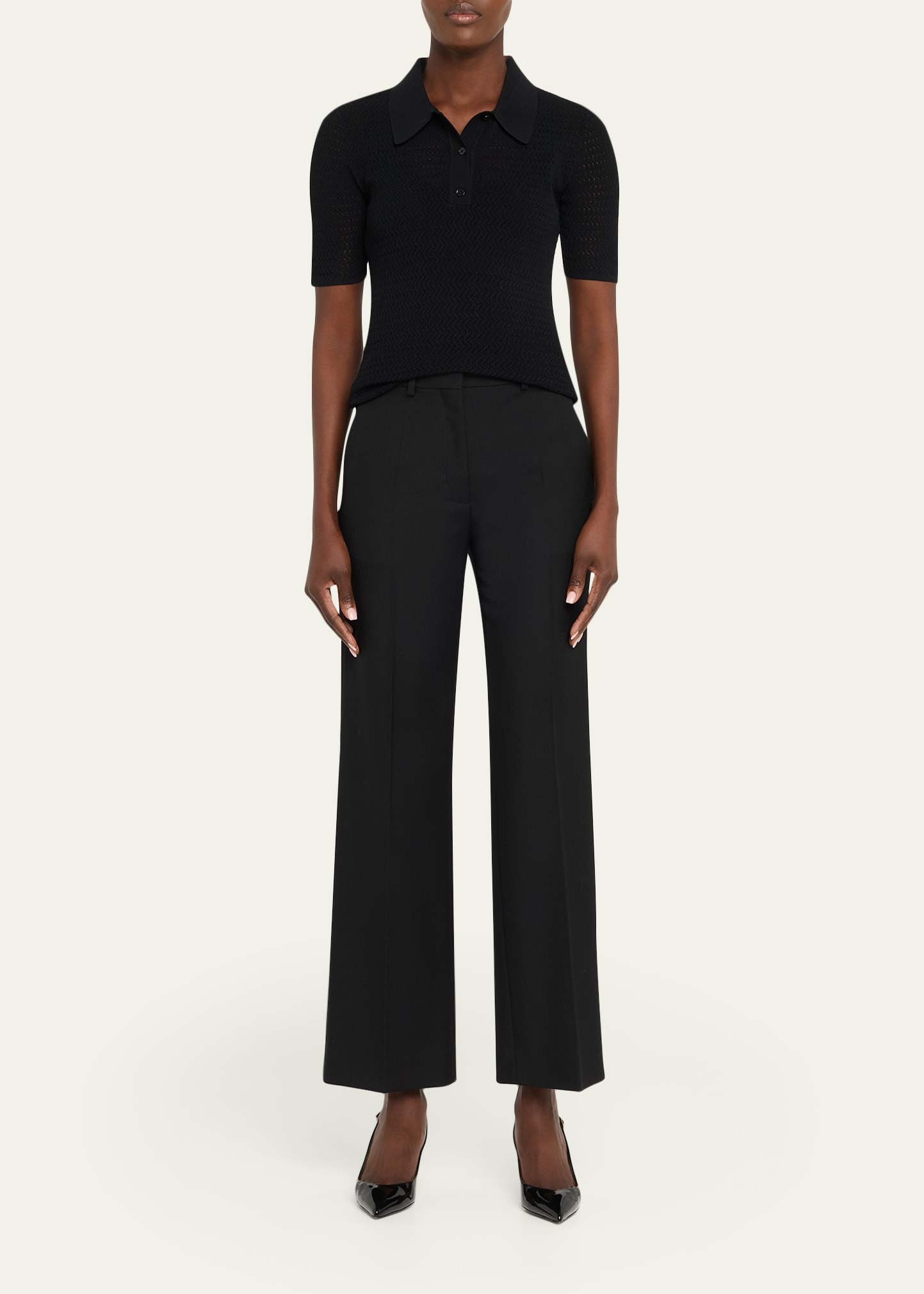 Pointelle Chevron Knit Polo Top - 2