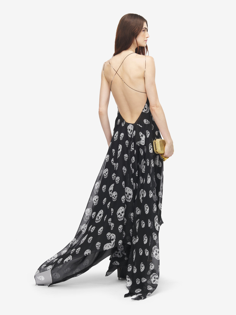 Women's Silk Skull Print Evening Dress in Black/White 4