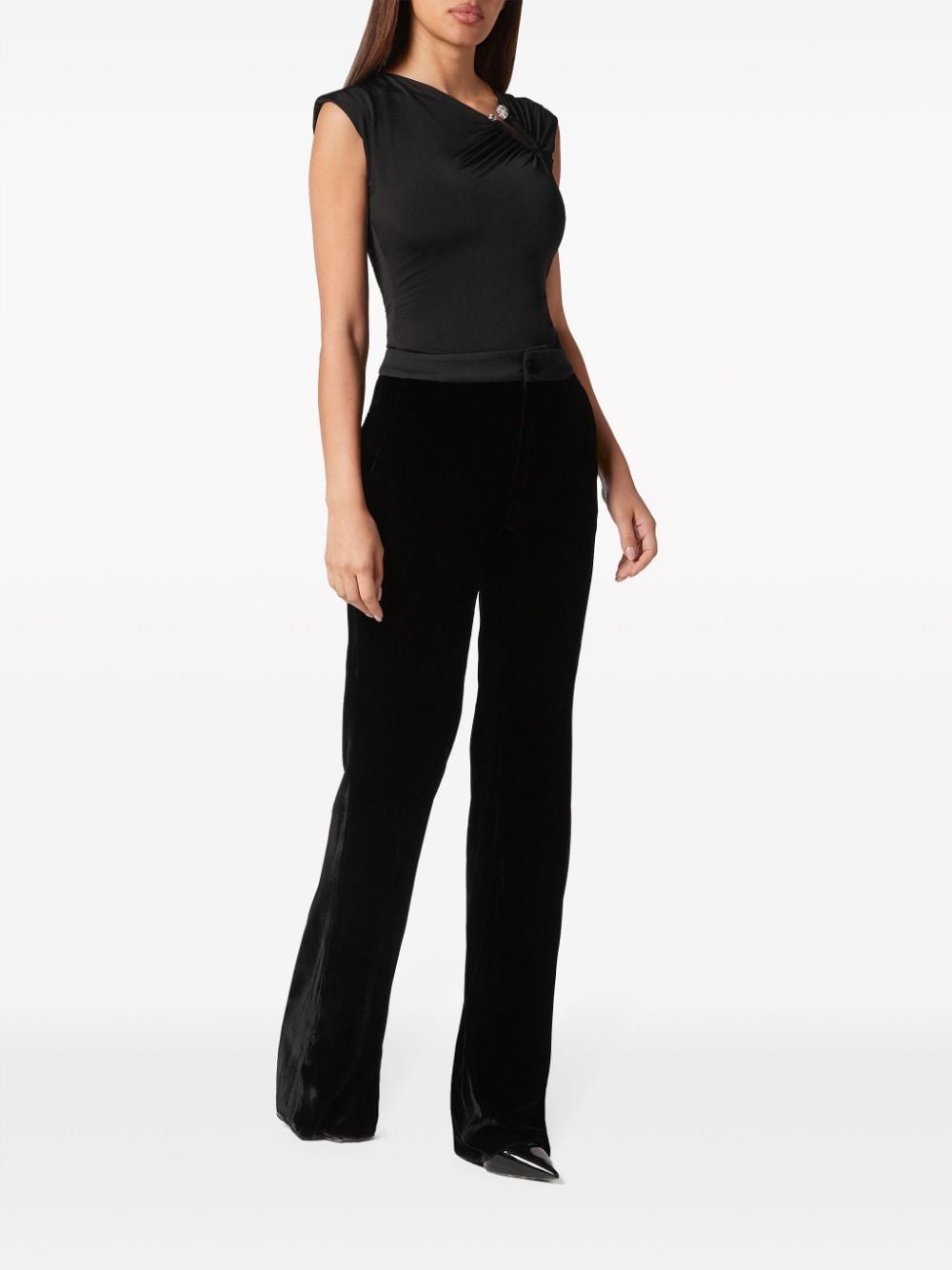 logo-patch velvet flared trousers - 2