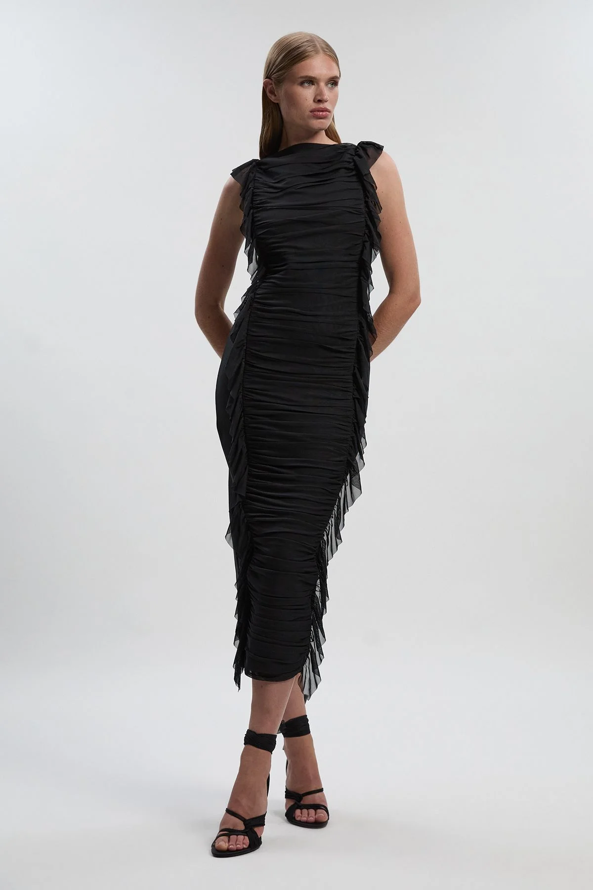 Bandage Mesh Gathered Ruffle Knitted Maxi Dress - 1