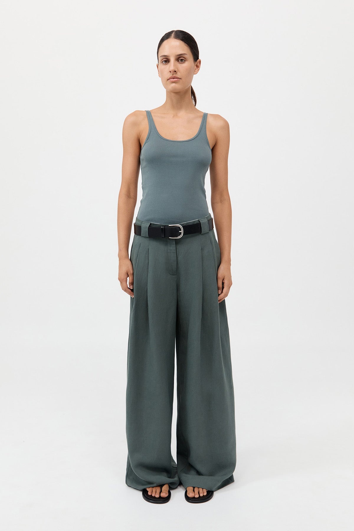 Wide Leg Pleat Pants - Balsam Green - 2