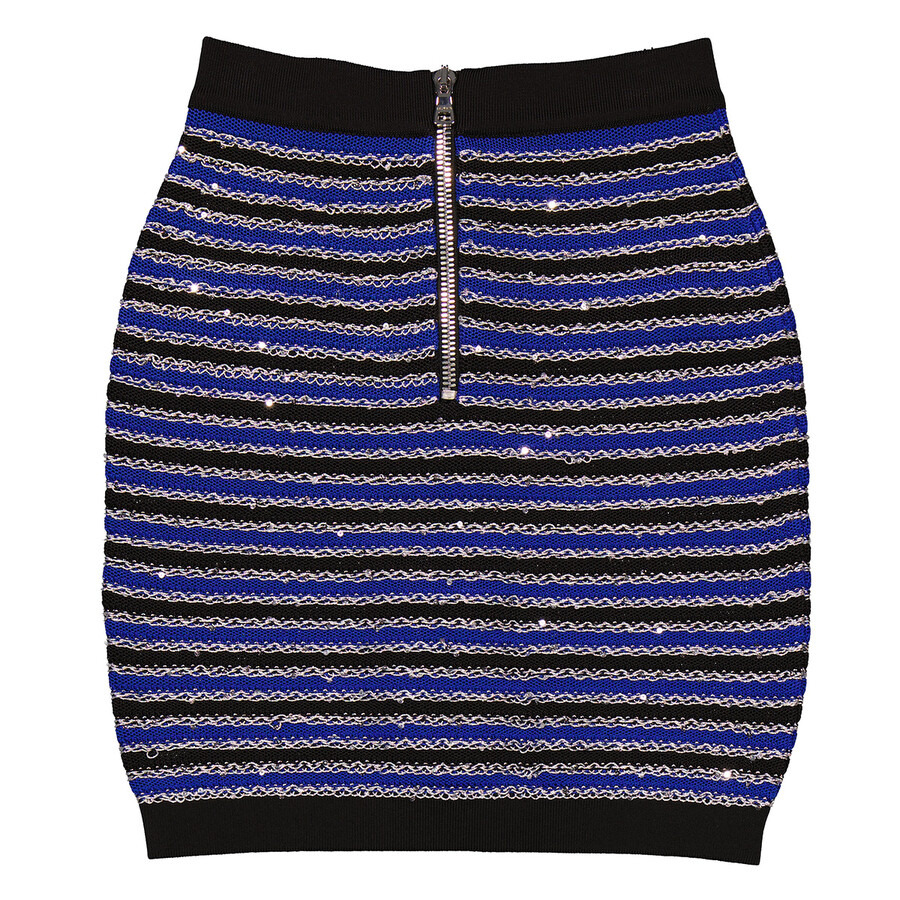 Balmain Ladies Noir / Bleu / Argent Striped Button-Fastening Skirt - 6