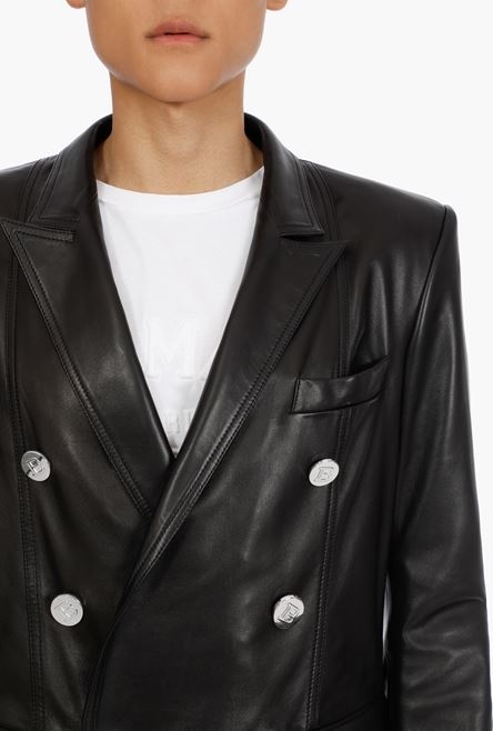 Black leather blazer with double-breasted buttoned fastening - 8
