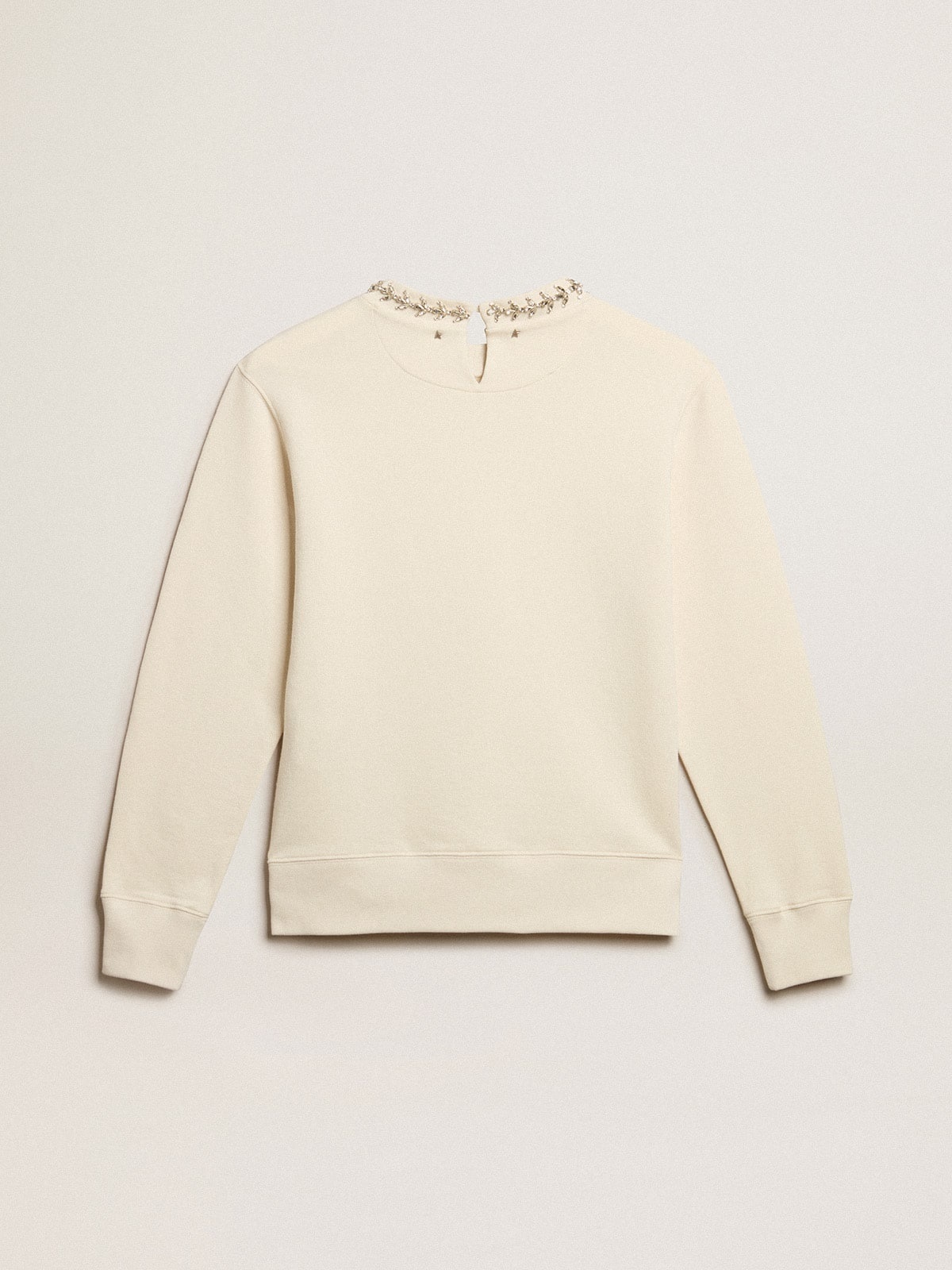 Round-neck cotton sweatshirt in aged white with hand-applied crystals - 5