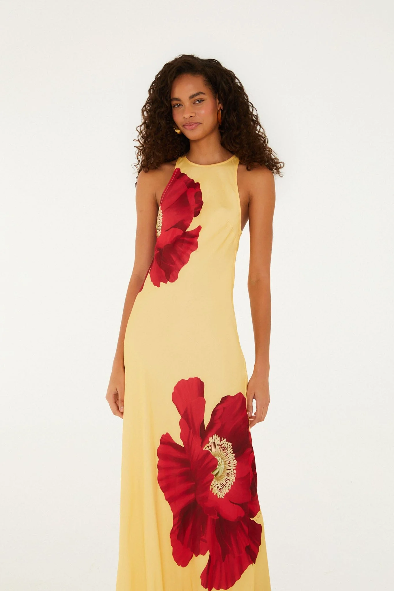 Light Yellow Poppy Flowers Sleeveless Lenzing Ecovero Viscose Maxi Dress - 1