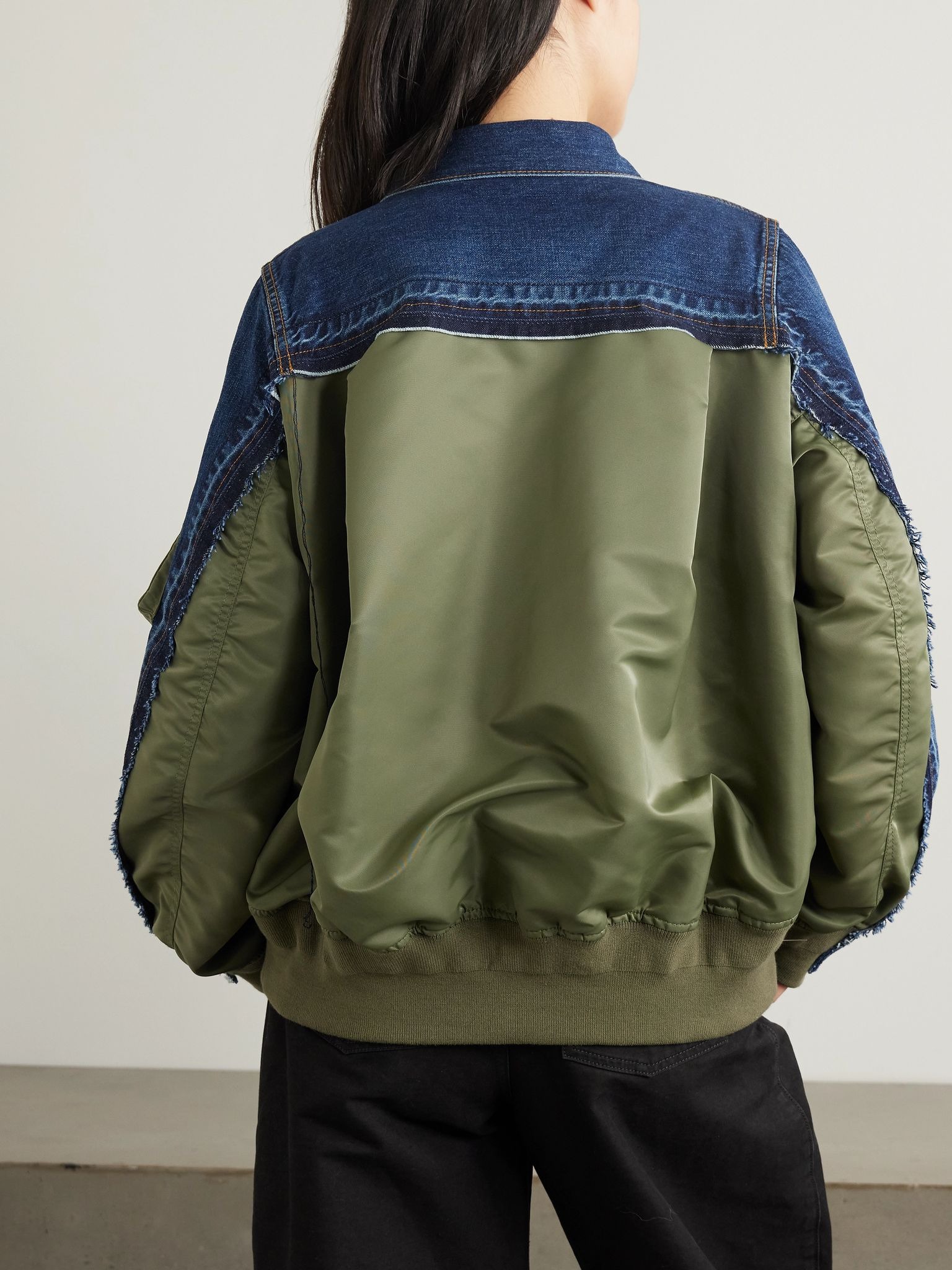 Paneled distressed denim and shell jacket Blue - 4