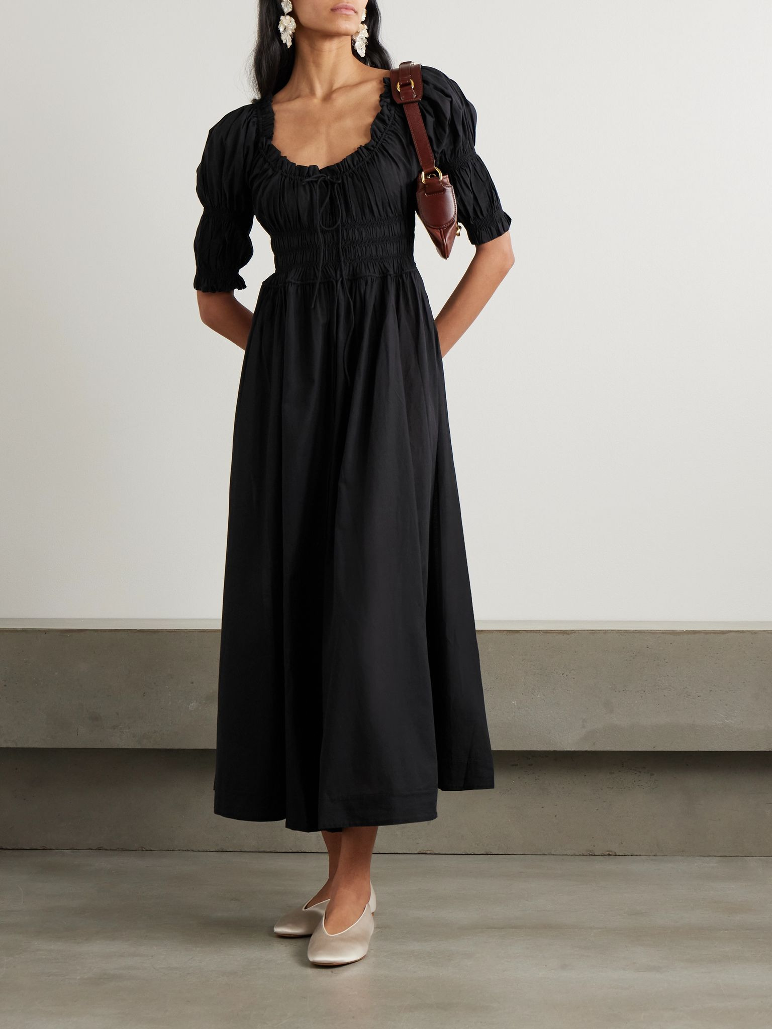 Ischia shirred organic cotton-voile midi dress Black - 2