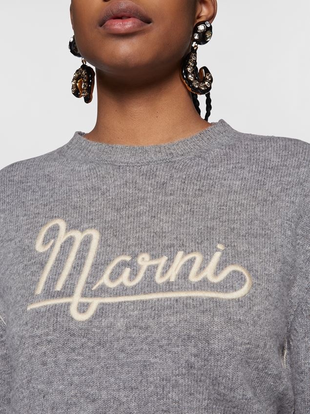 GREY SHETLAND WOOL LONG-SLEEVED SWEATER WITH EMBROIDERED MARNI LOGO - 4