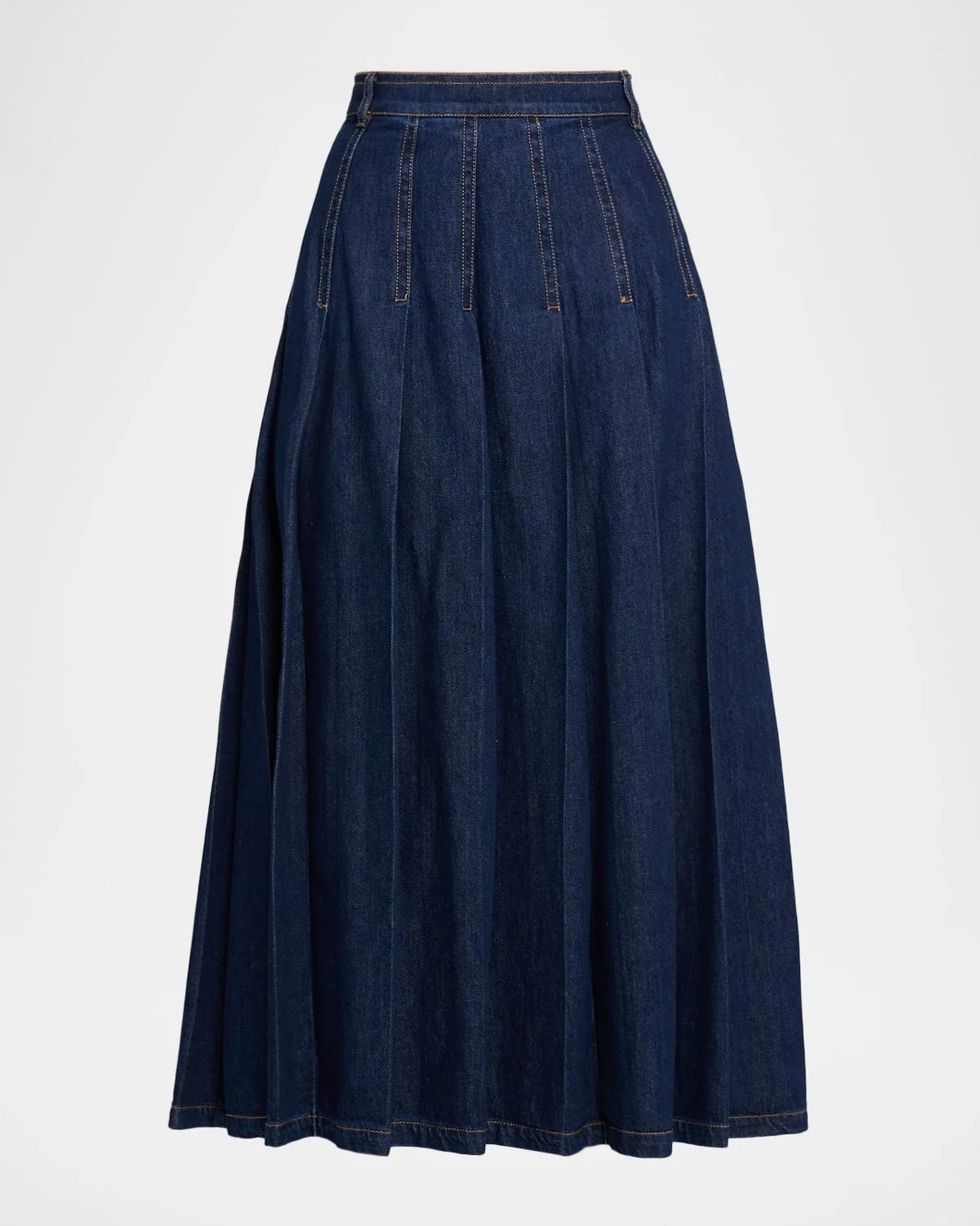 Pleated Cotton Denim Midi Skirt - 1