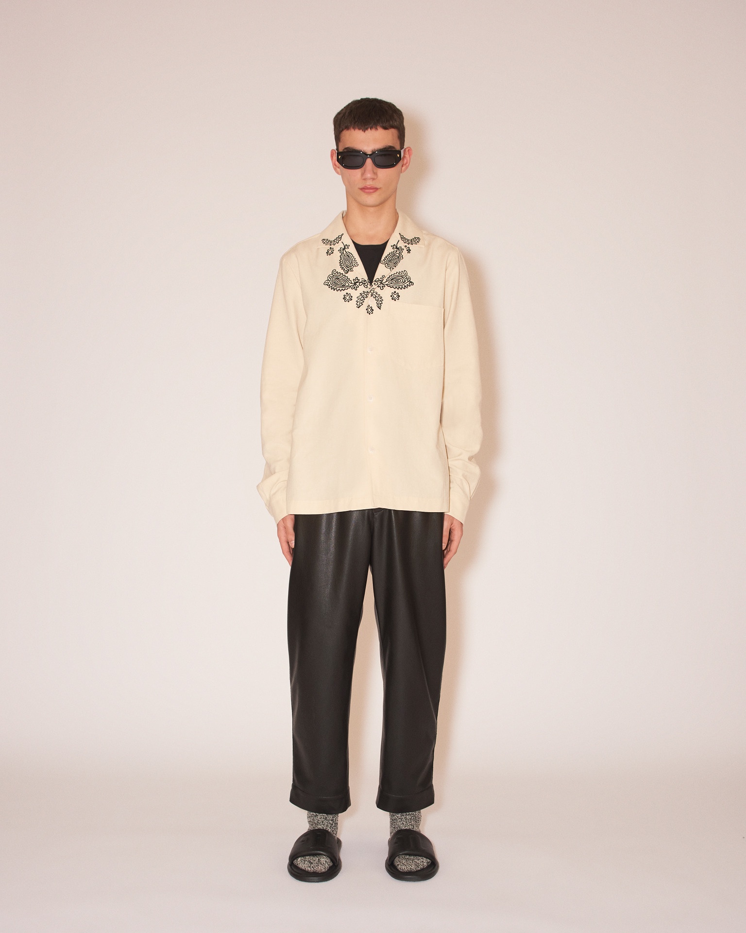 DUCO - Embroidered slub short-sleeve shirt - Creme - 3