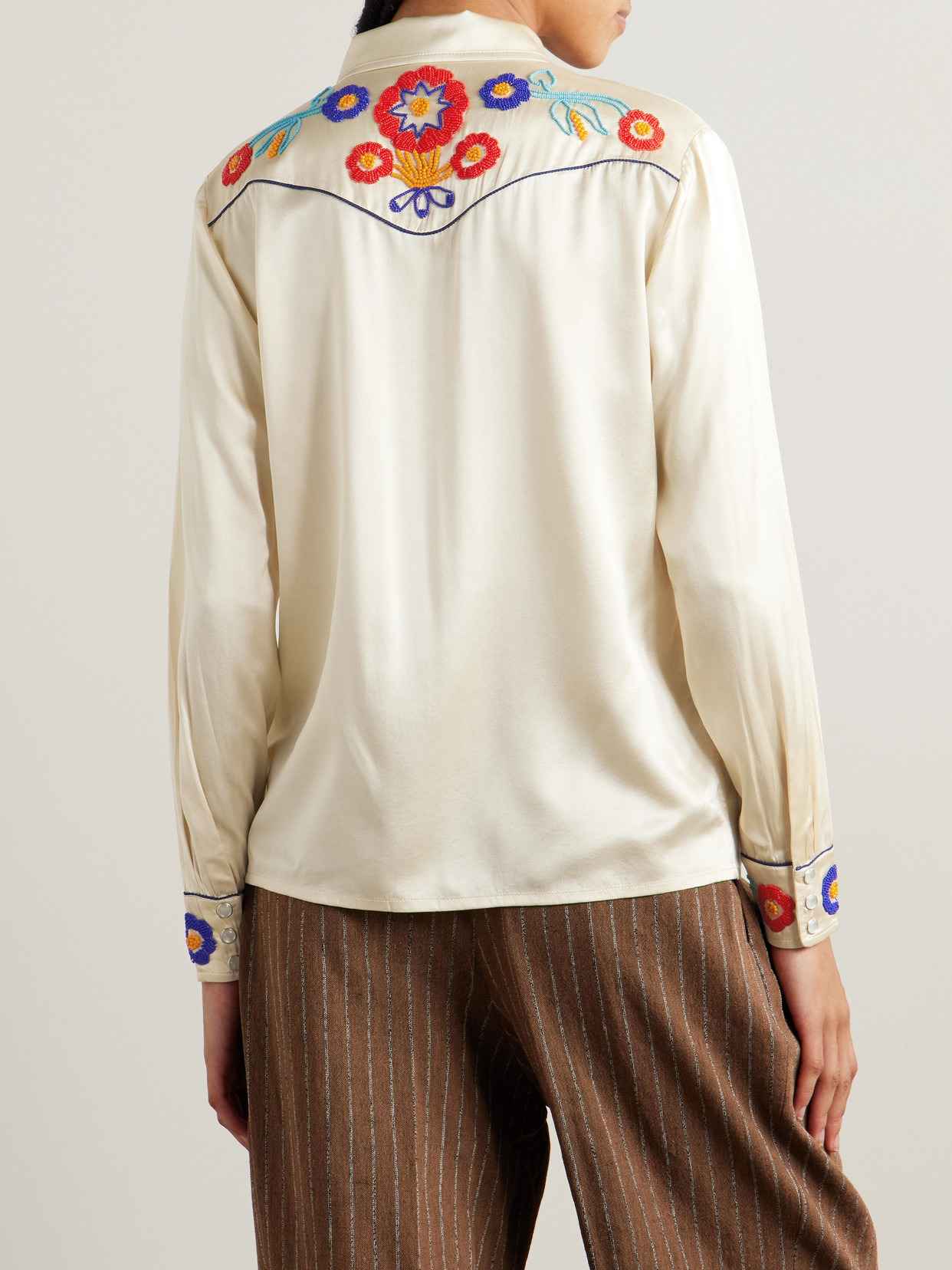 Garden Party Bead-embellished Embroidered Silk-satin Shirt - 3