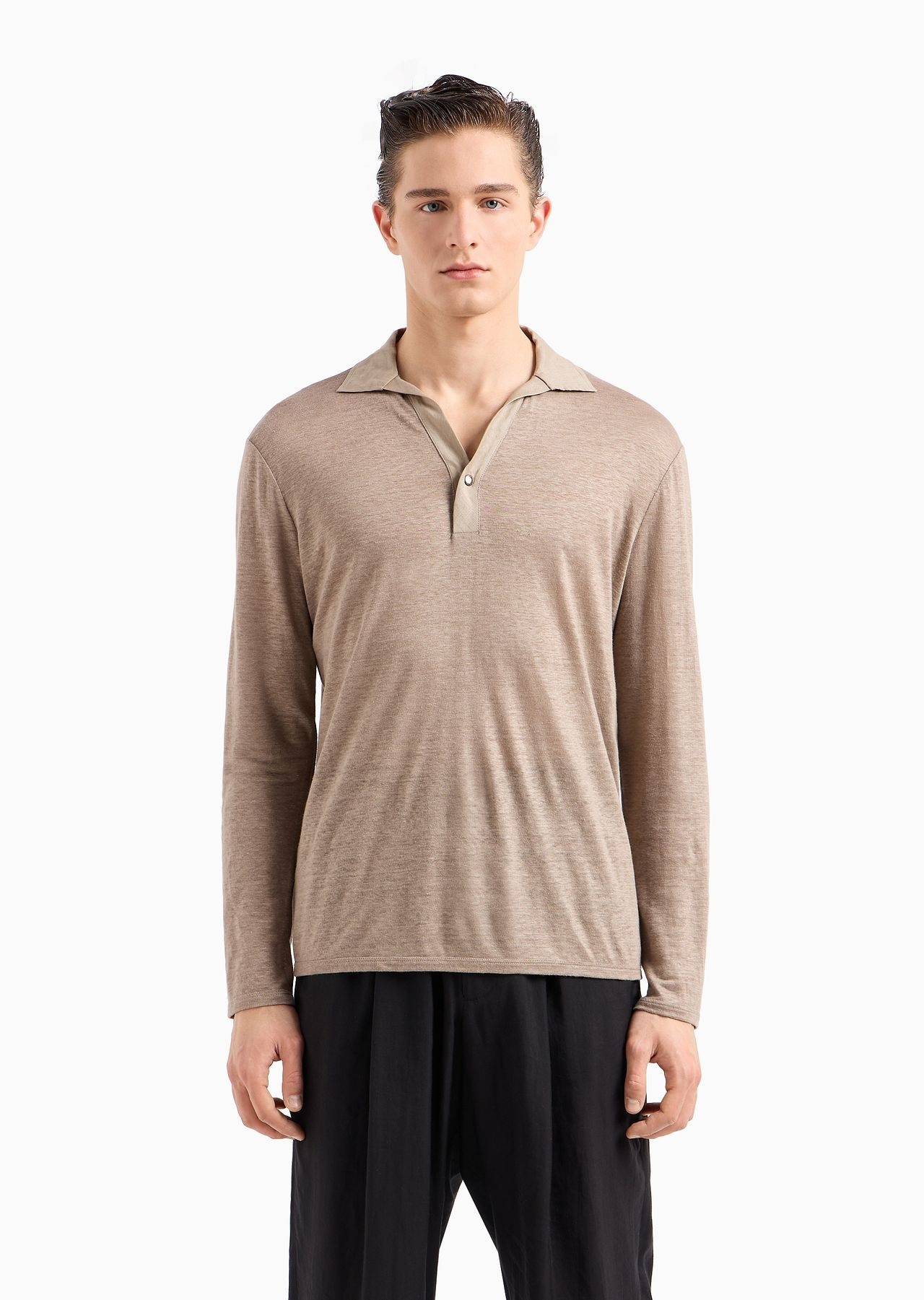 Long-sleeved polo shirt in pure linen jersey - 2