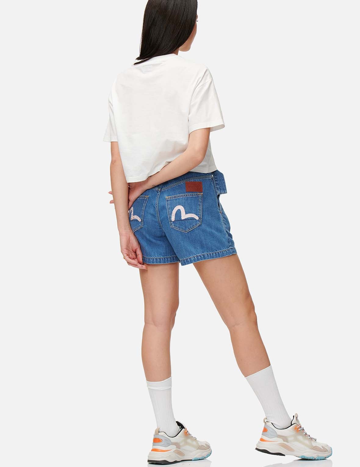 Pattern Seagull Embroidered Paper Bag Denim Shorts - 5
