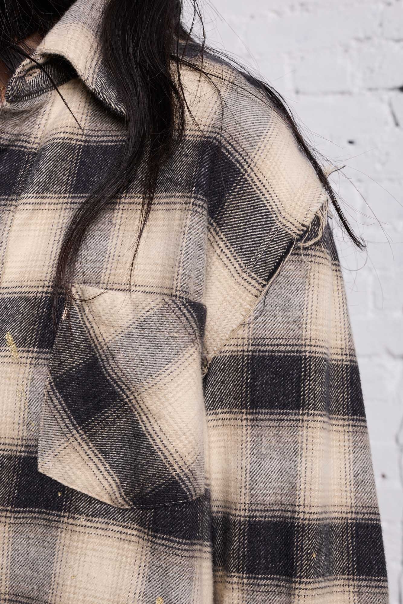 SHREDDED SEAM SHIRT - GOLD SPLATTERED BLACK PLAID - 8