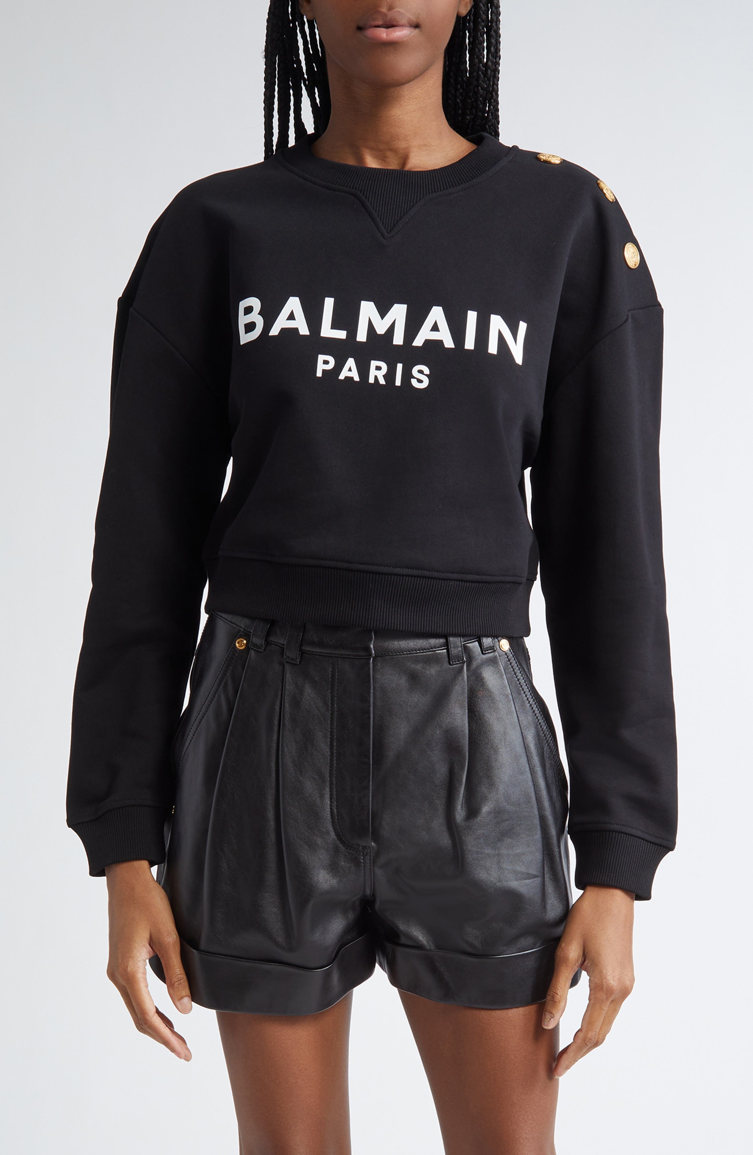 Balmain Crop Logo Graphic Sweatshirt in Eab Black/White at Nordstrom - 1