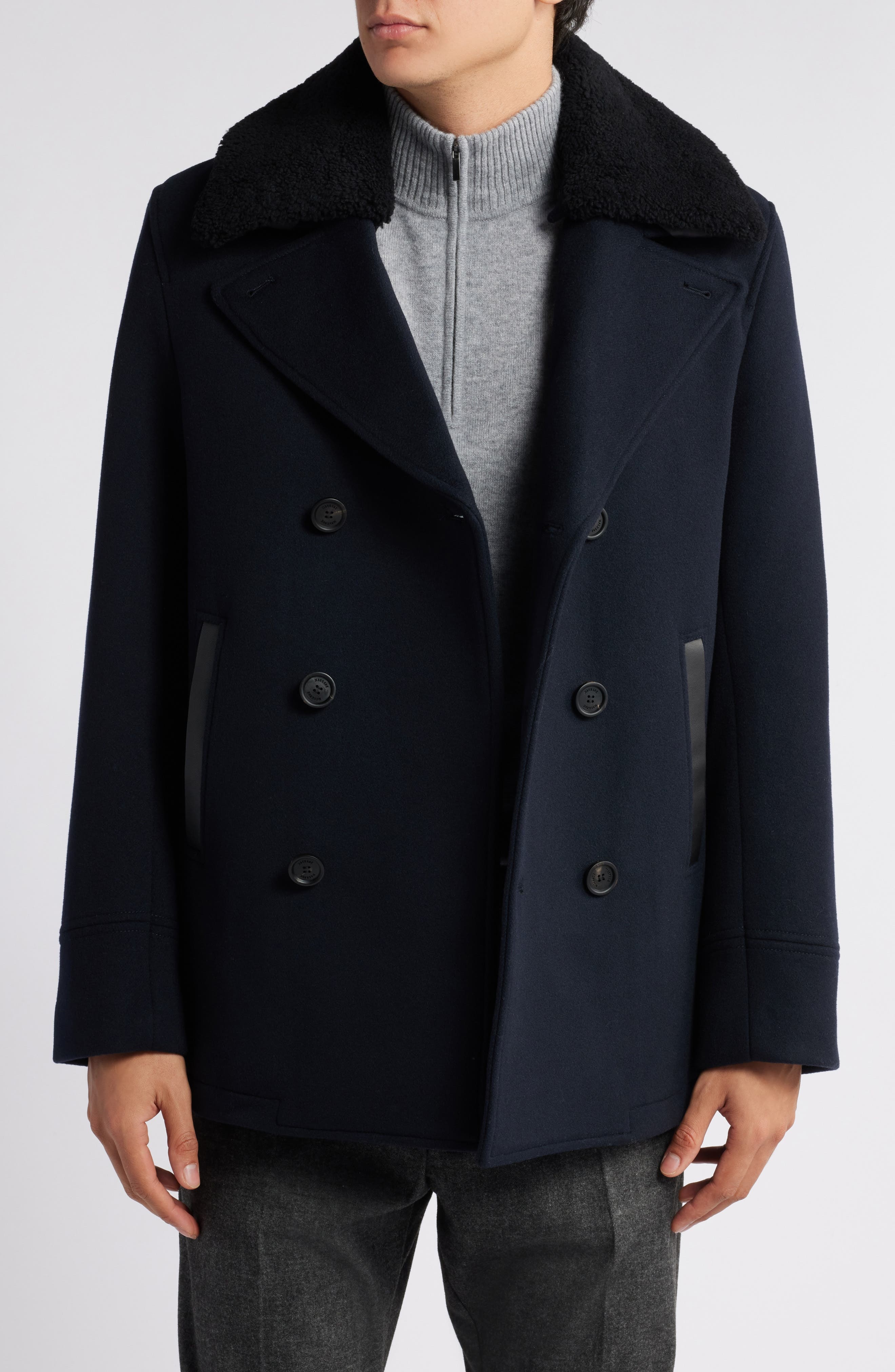 Mackage Cole Wool Peacoat with Genuine Shearling Collar in Navy at Nordstrom - 1