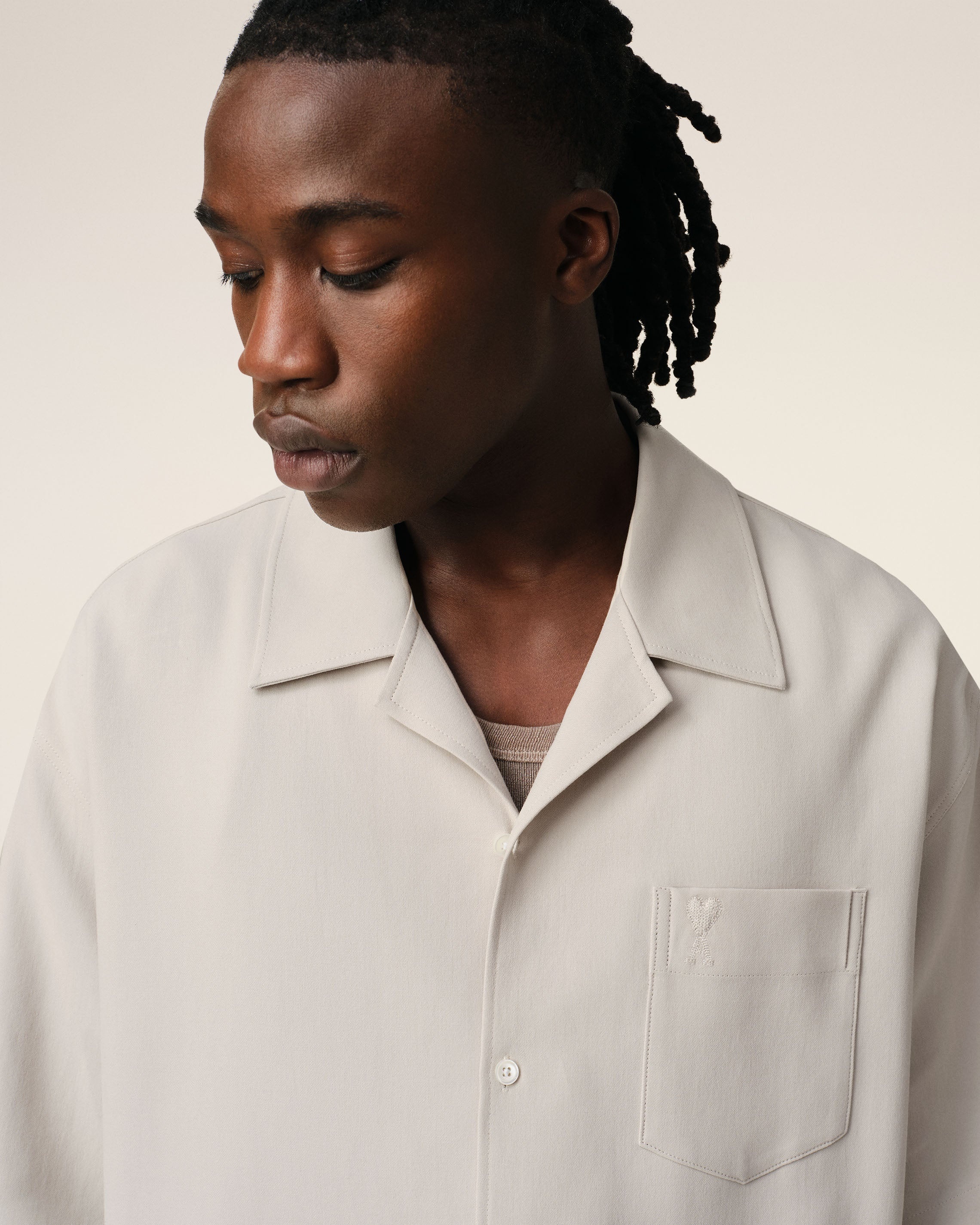BEIGE COTTON CAMP COLLAR SHORT SLEEVES SHIRT - 4
