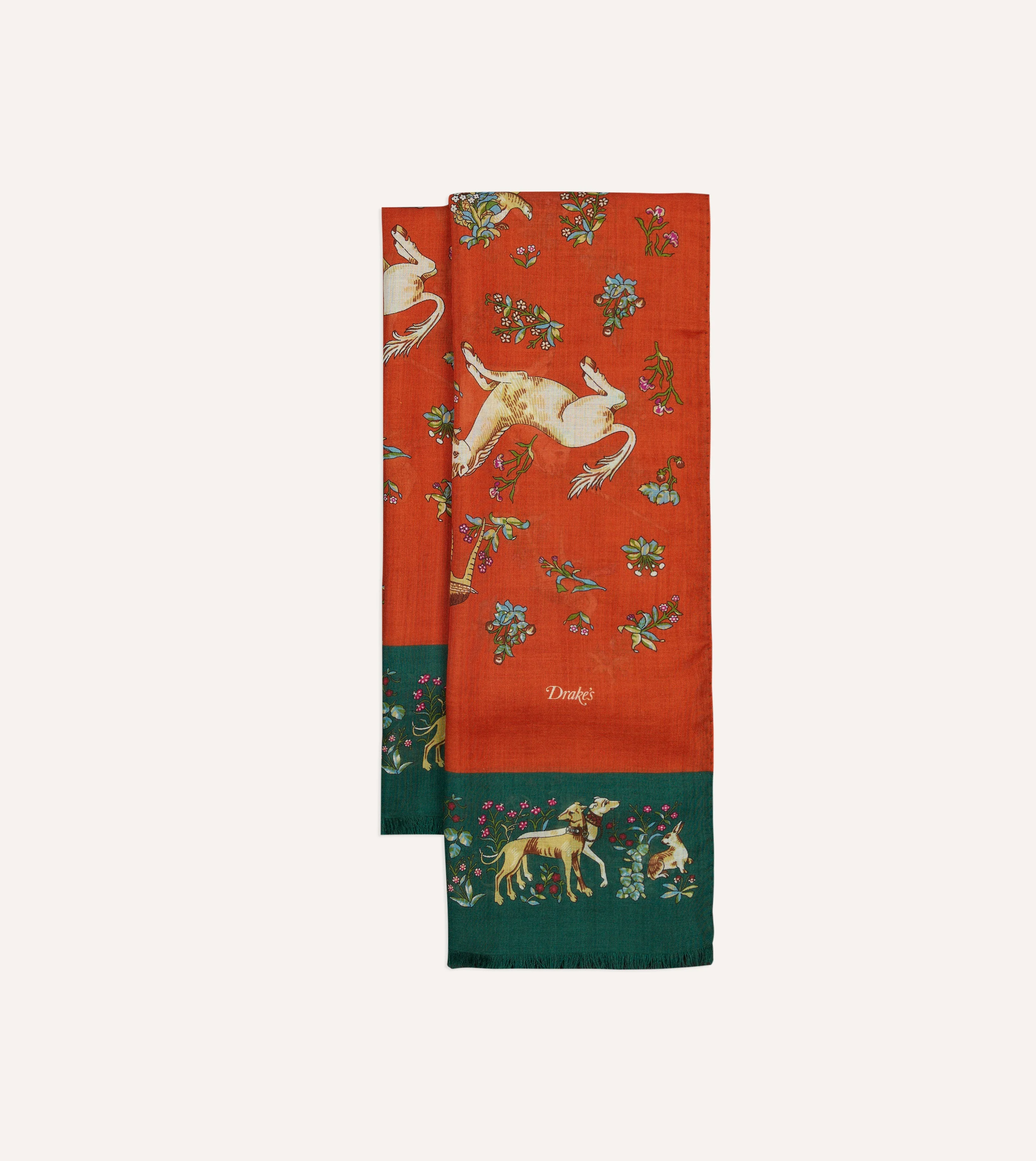 Orange and Green Unicorn Print Tubular Wool Silk Scarf - 1