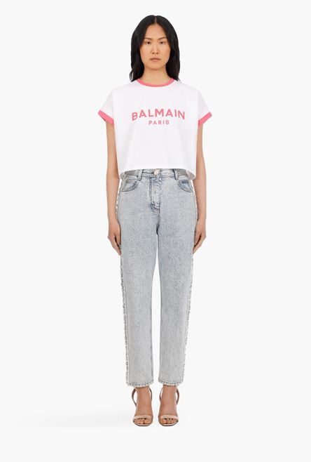 Cropped white cotton T-shirt with flocked pink Balmain logo - 4