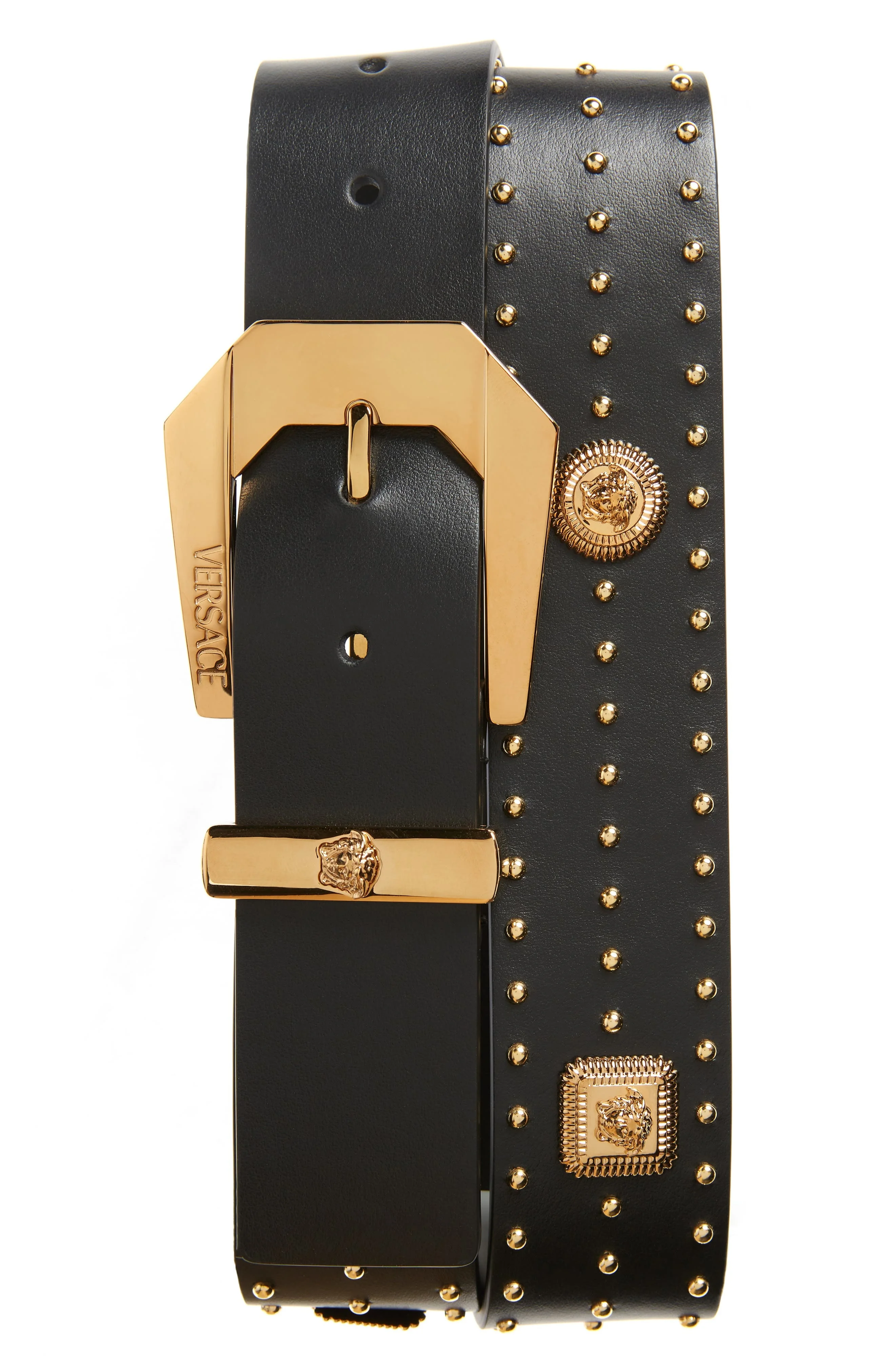 Versace Studded Biggie Coin Belt in Black-Versace Gold at Nordstrom - 1