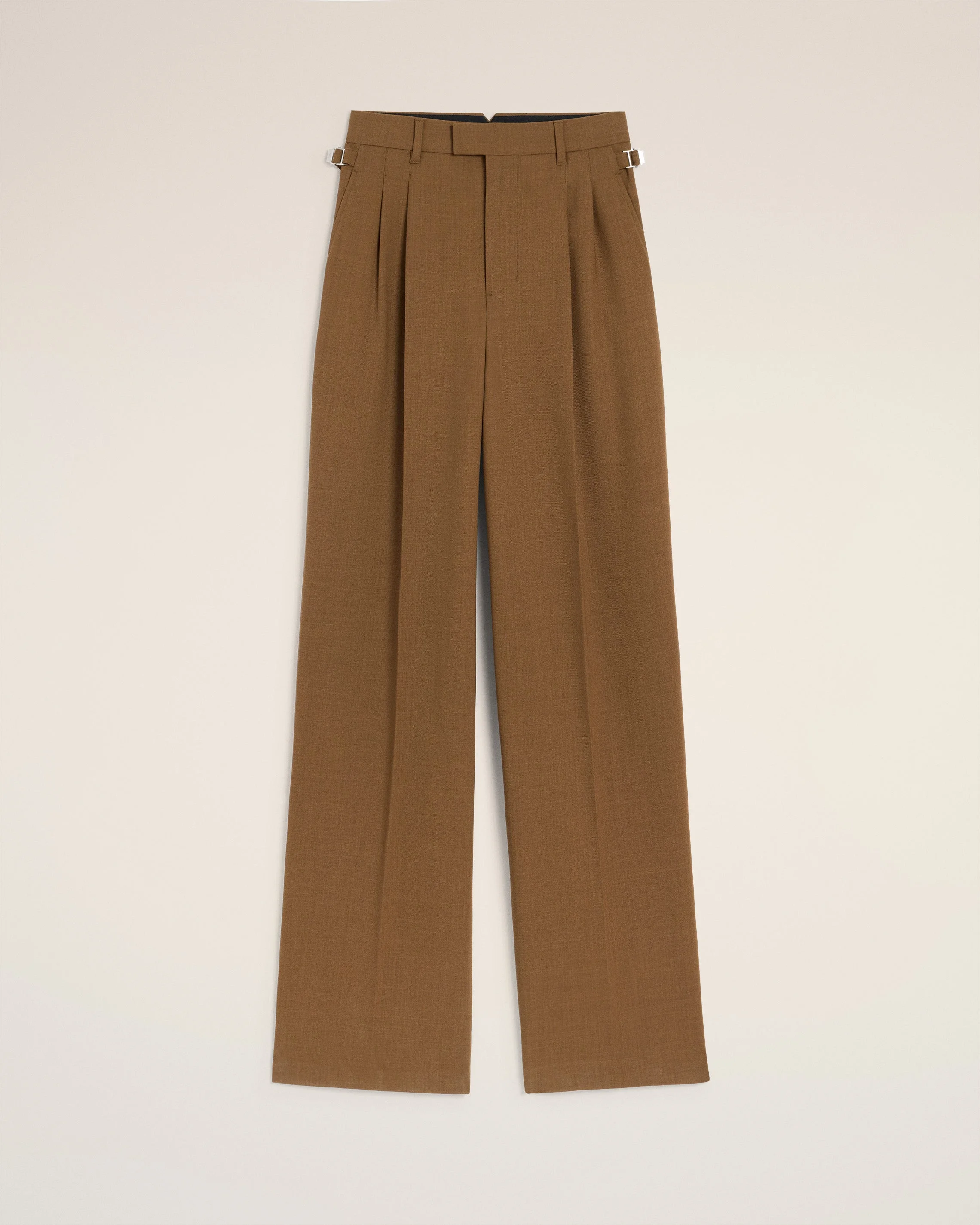 BROWN WOOL HIGH WAIST TABS WIDE TROUSERS - 1