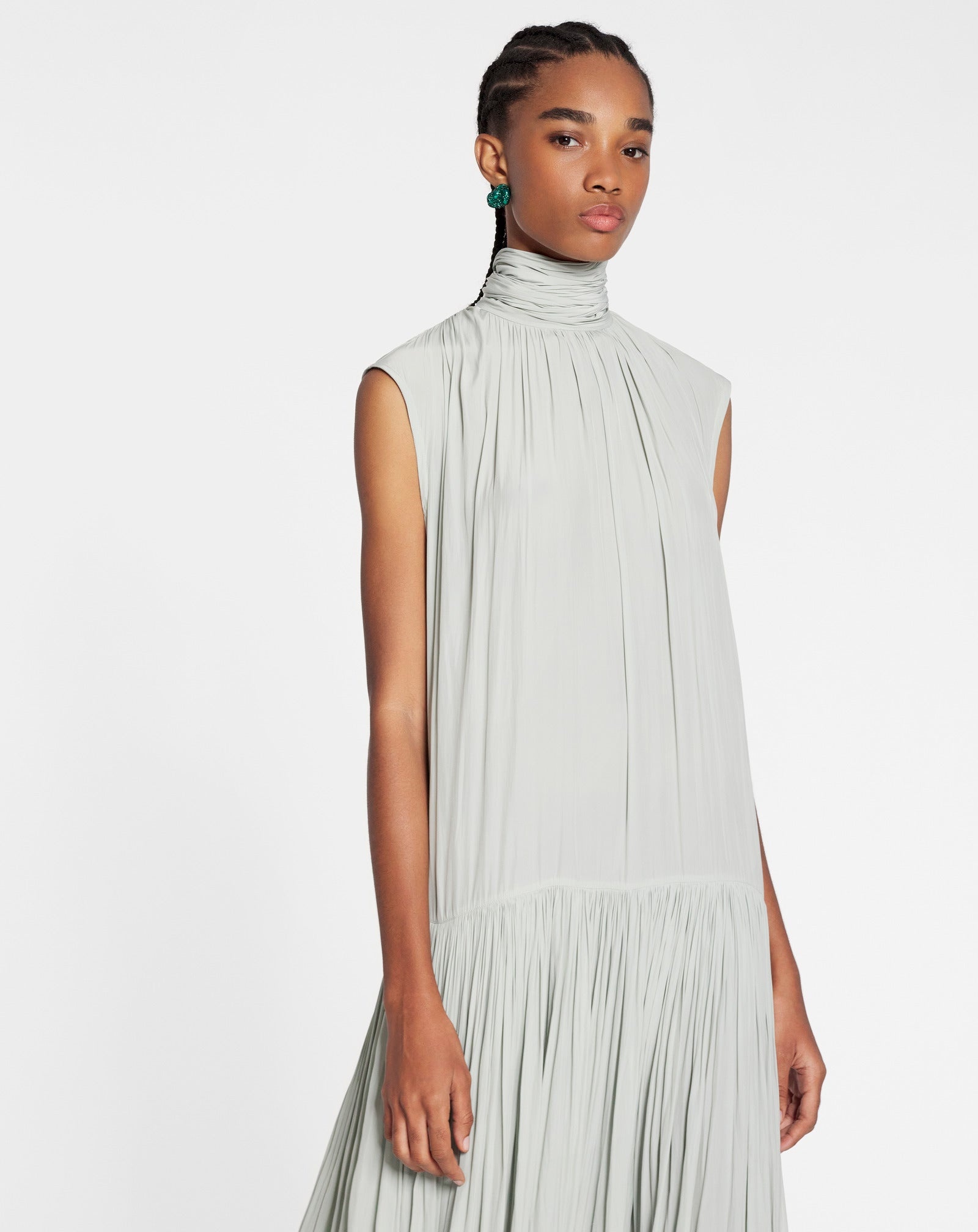 SLEEVELESS TIE NECK MAXI DRESS IN CHARMEUSE - 3