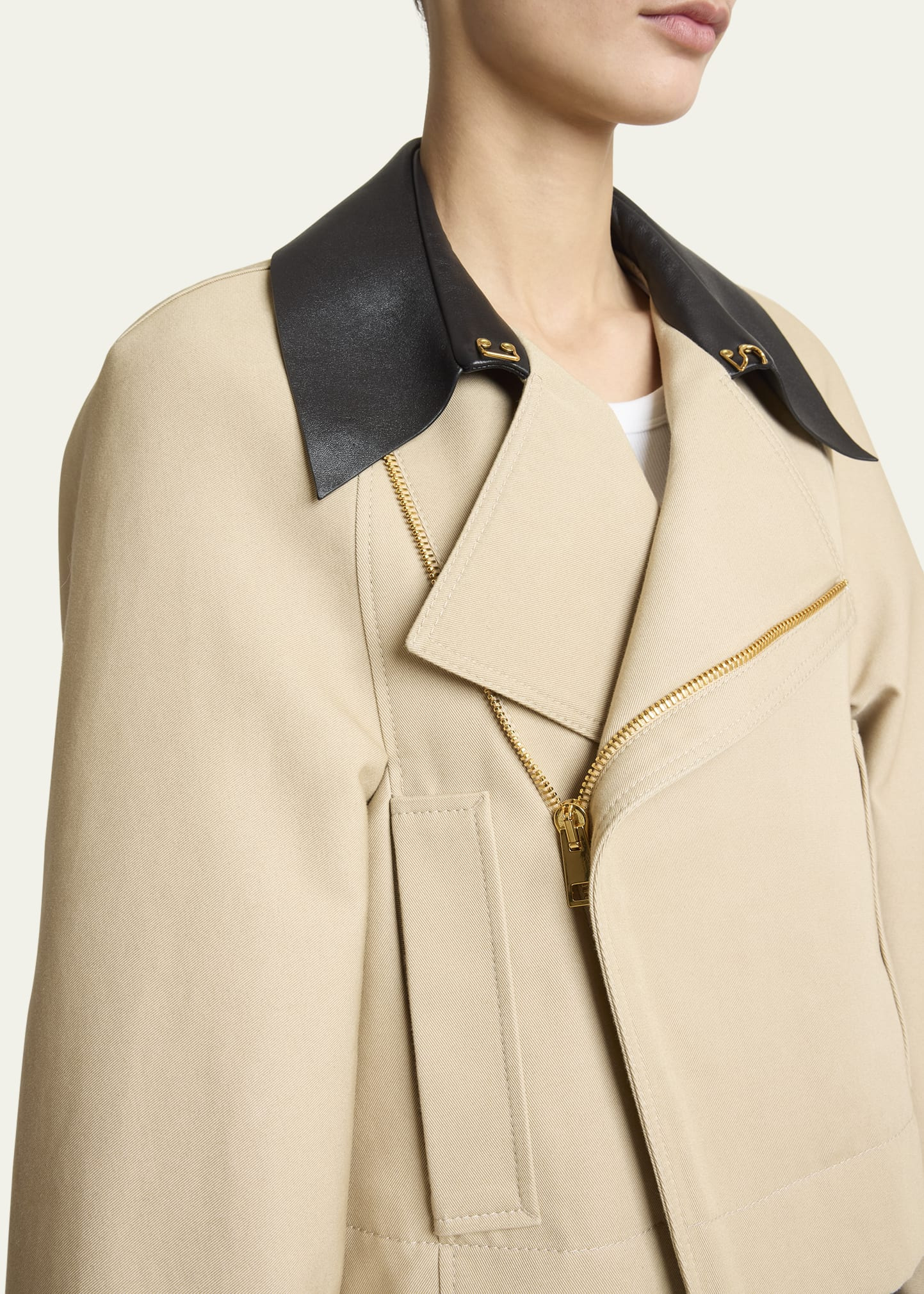 Leather Collar Zip Cocoon Jacket - 5