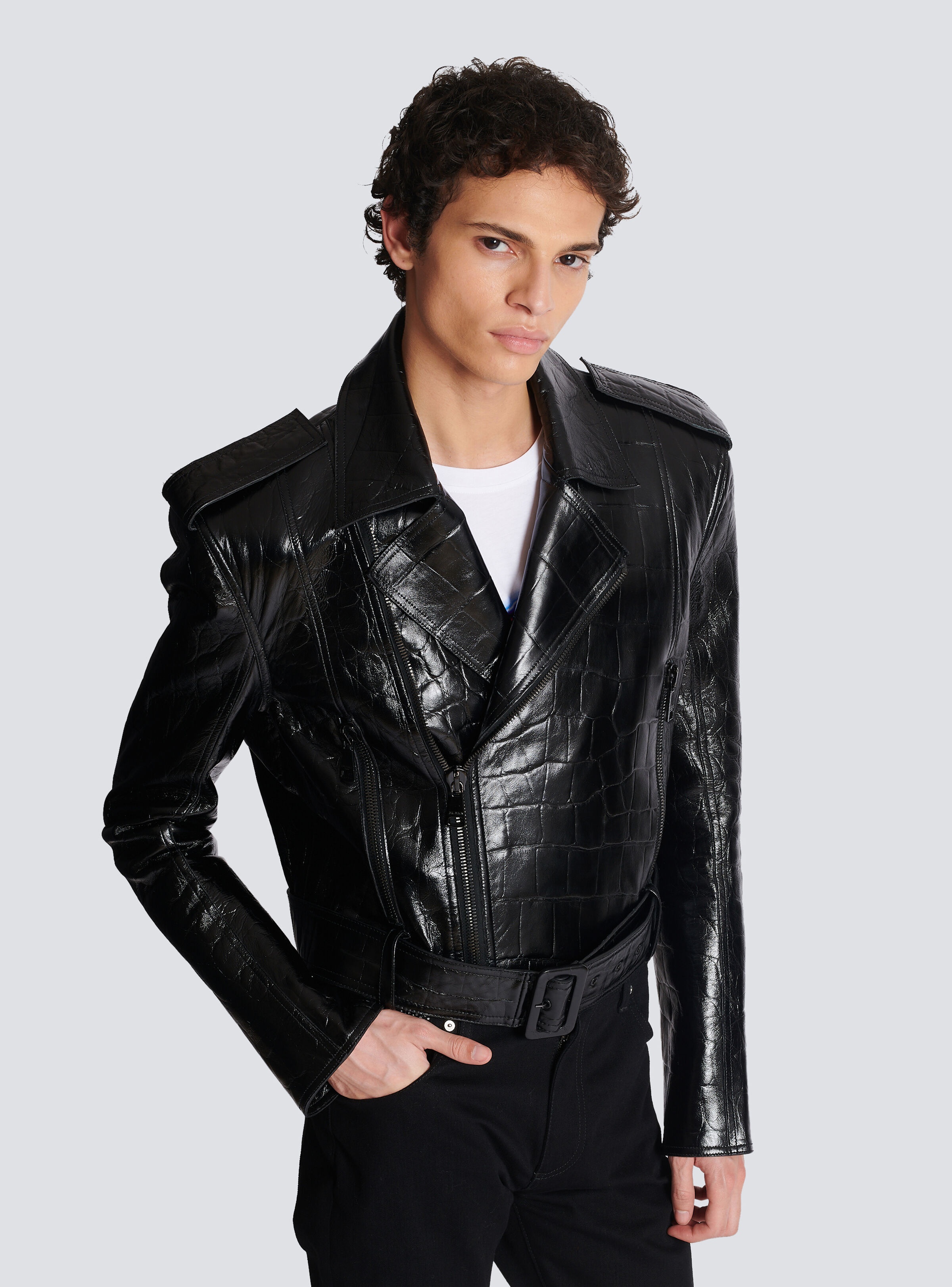 Crocodile-effect leather biker jacket - 6