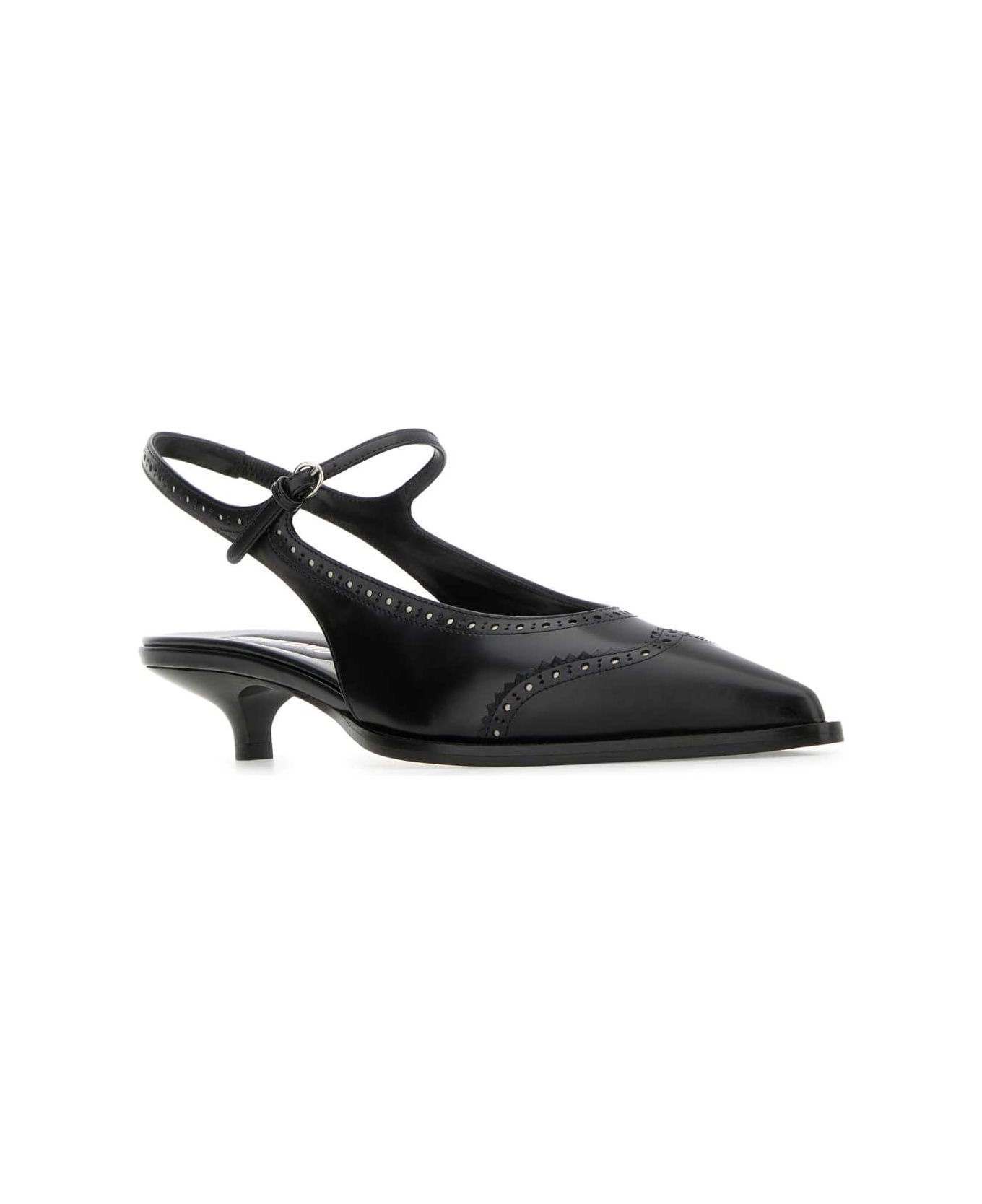 Black Leather Brogue Pumps - 2