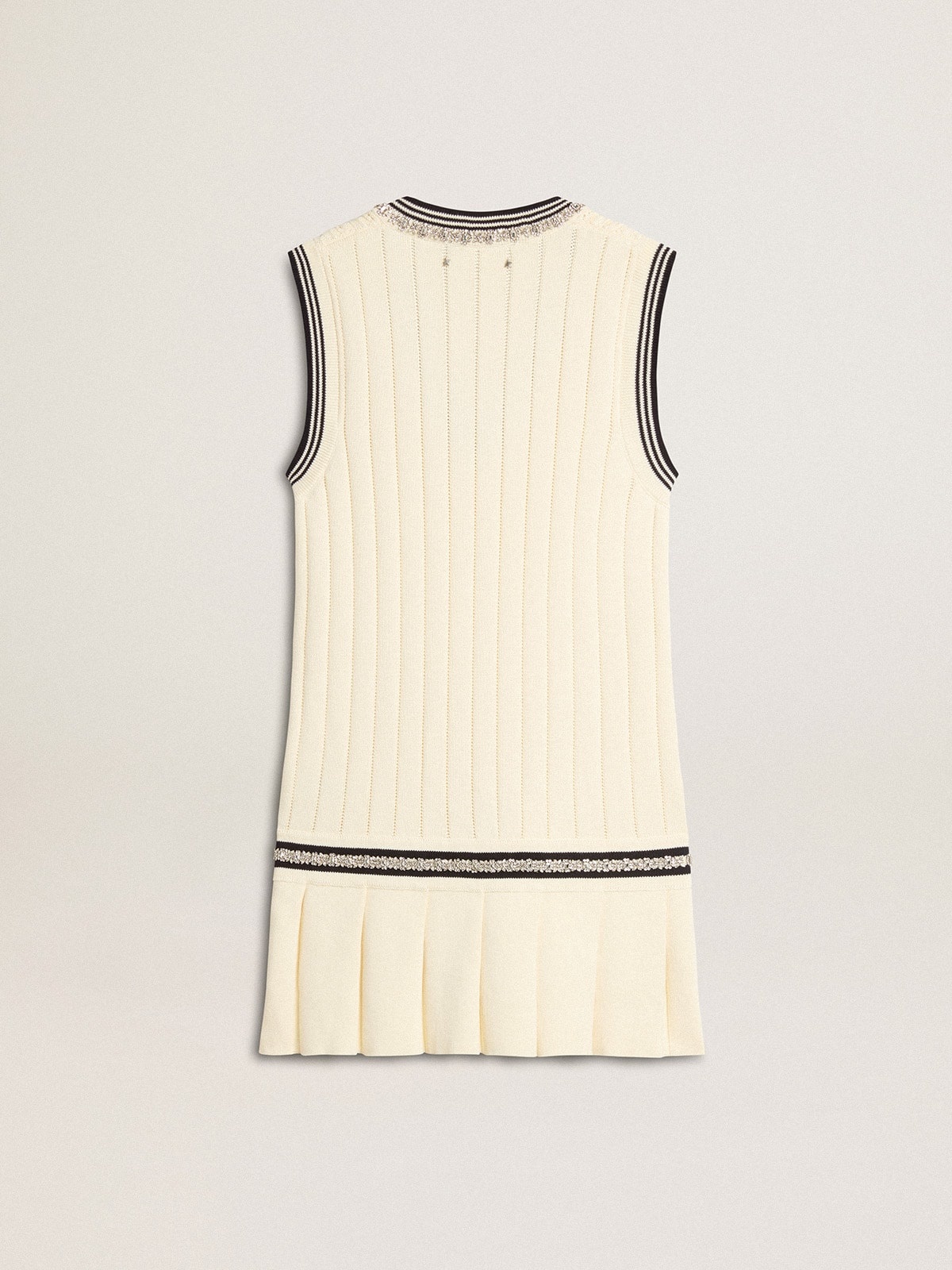 Women's worn-white cotton vest dress with dark blue ribbing and crystals - 6
