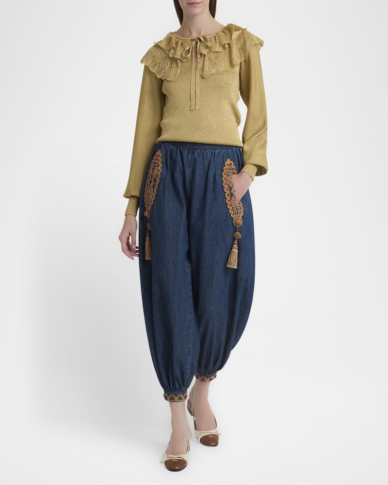 Valentino Embroidered Chambray Denim Wide-Leg Crop Blouson Trousers outlook