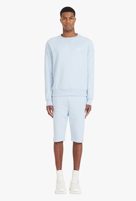 Pale blue eco-designed cotton sweatshirt with small flocked white Balmain Paris logo - 4