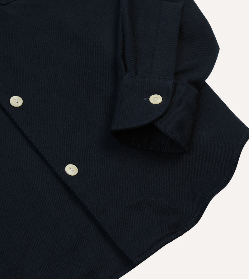 Navy Brushed Cotton Twill Two-Pocket Camp Collar Work Shirt 5